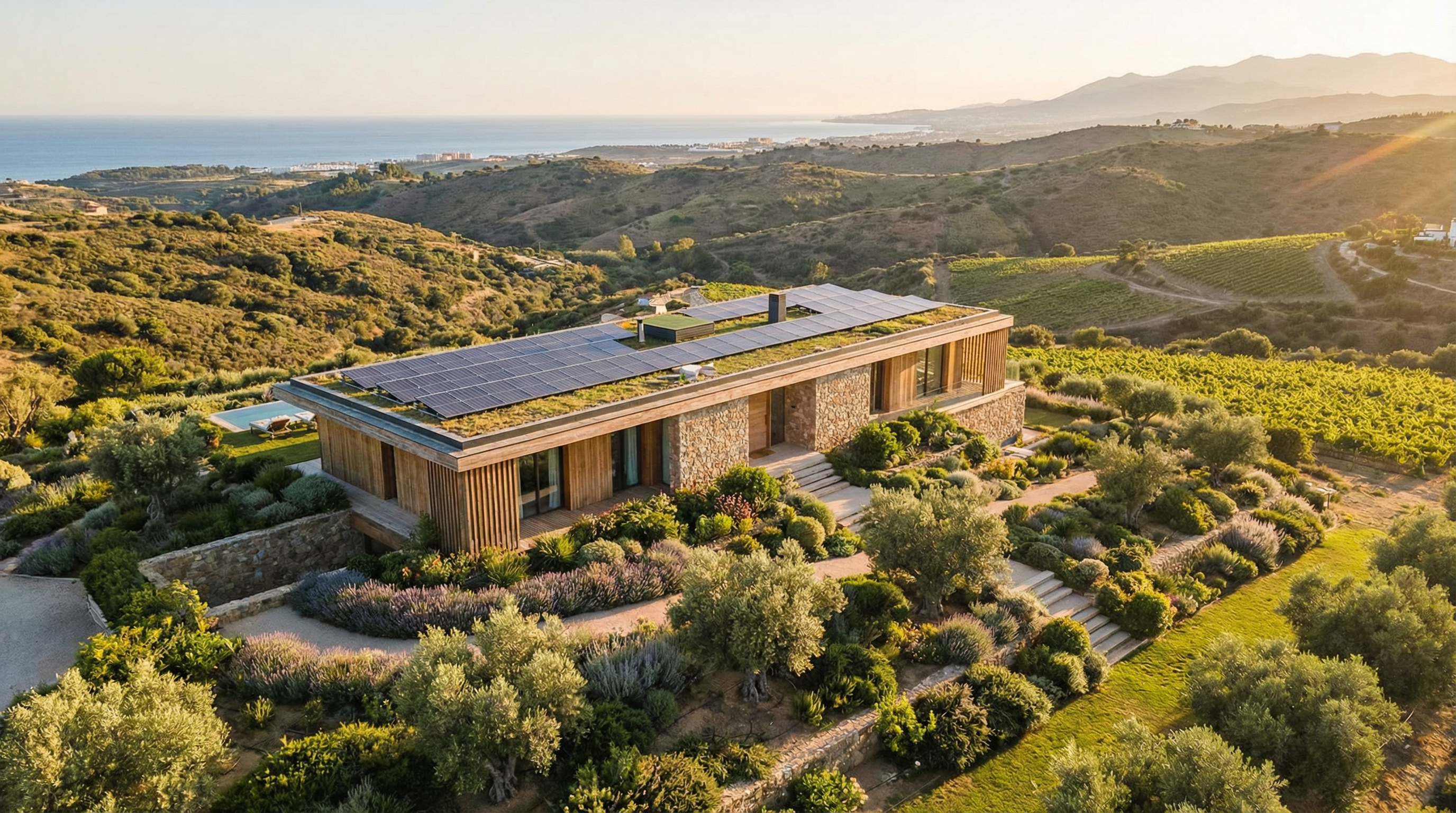 Aerial view of a modern eco-friendly villa in Costa del Sol with solar panels, surrounded by lush Mediterranean gardens and rolling hills.