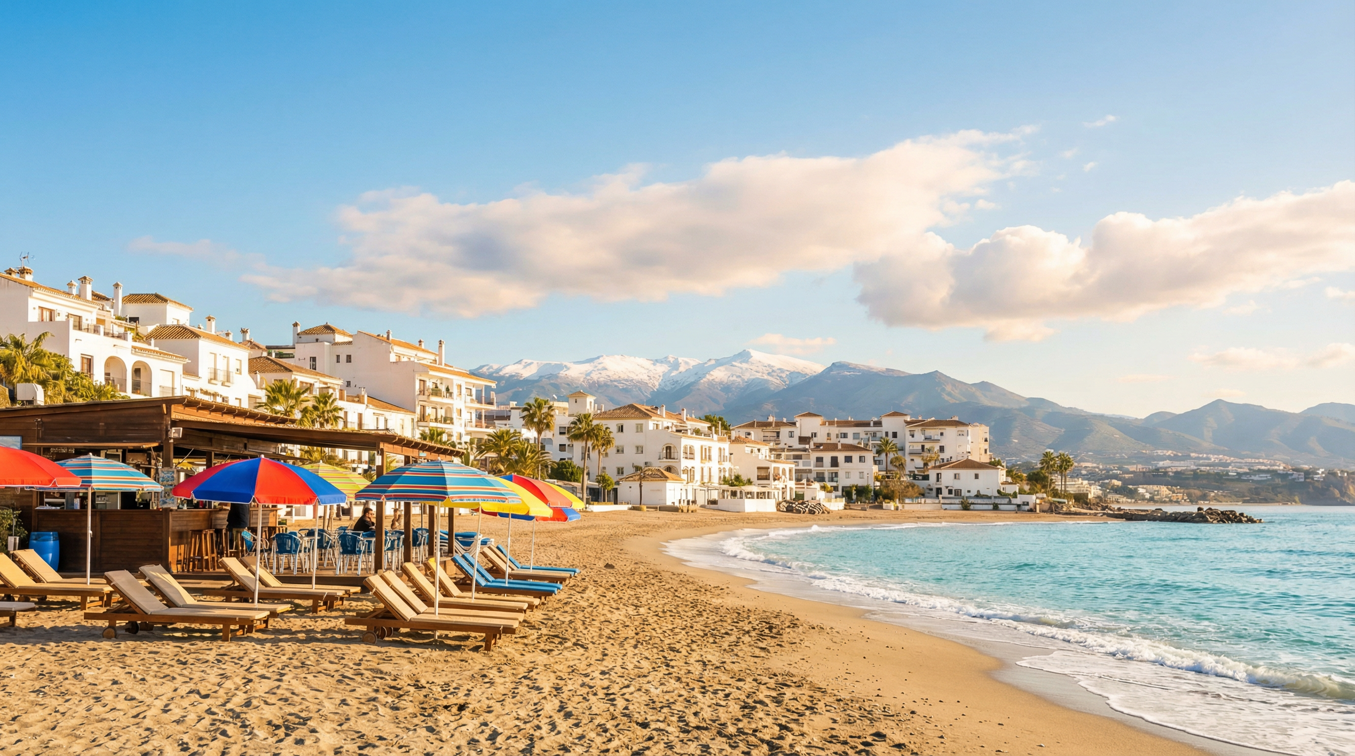 Stunning sun-drenched beach scene in Costa del Sol, featuring vibrant beach bar, colorful umbrellas, and Sierra Nevada mountains under a blue sky.