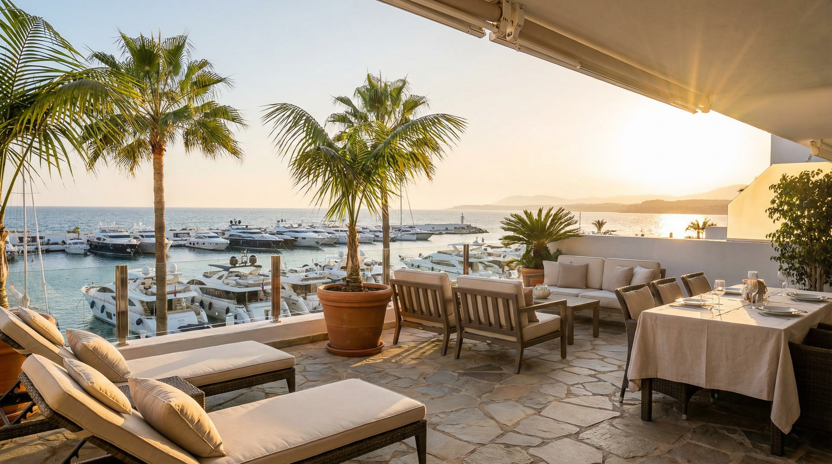 Terrasse luxueuse avec vue sur la marina de Puerto Banús, palmiers et yachts au coucher du soleil sur la Costa del Sol.