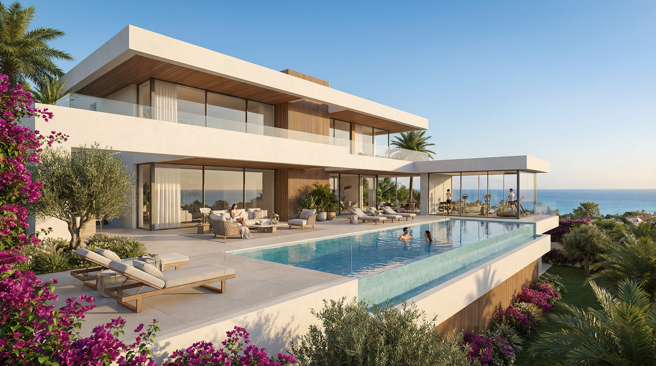 Luxurious Costa del Sol property with modern architecture, infinity pool, gym, and spacious terrace overlooking the Mediterranean Sea, surrounded by lush greenery.