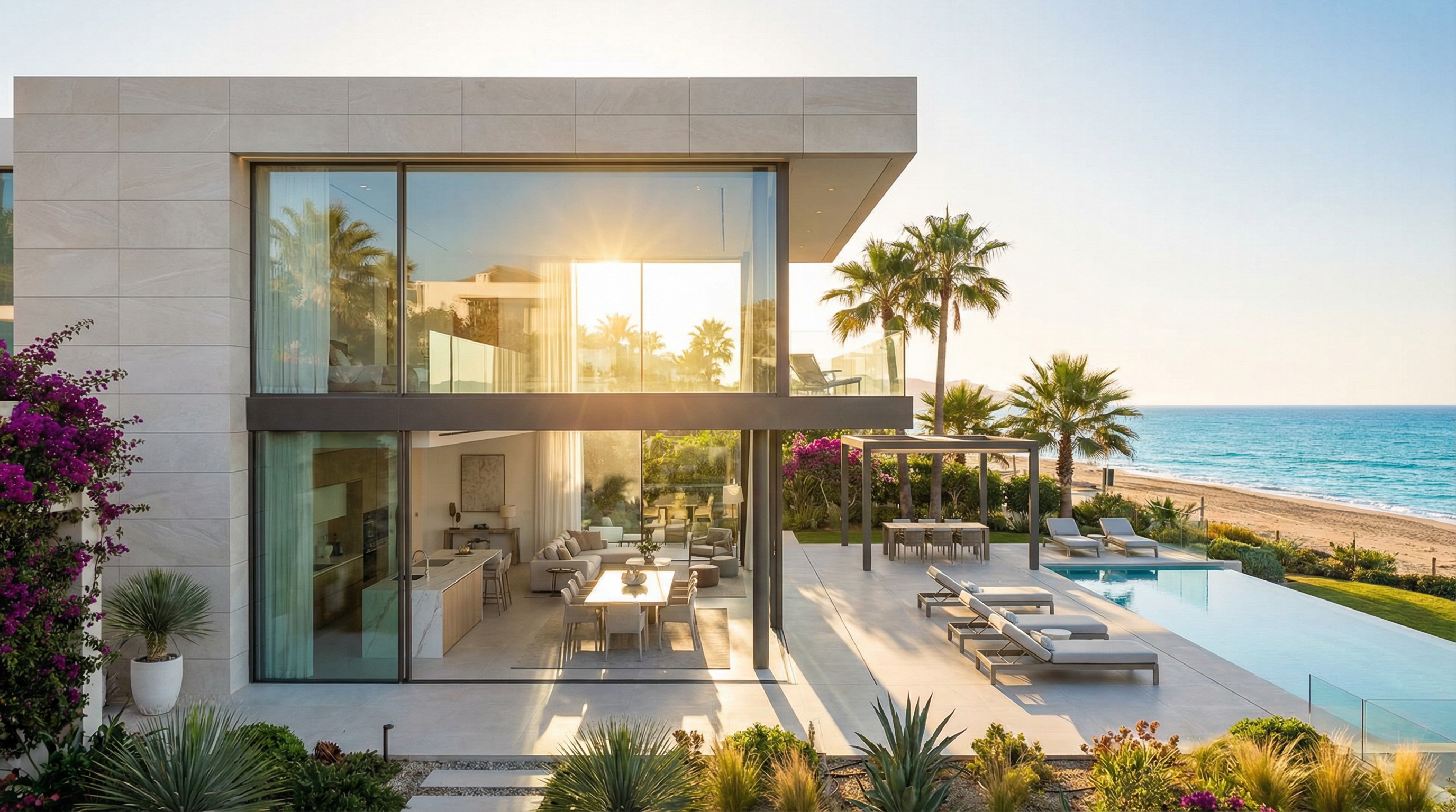 Luxurious beachfront property in Puerto Banús, Costa del Sol, showcasing modern architecture with large glazing and outdoor terrace.