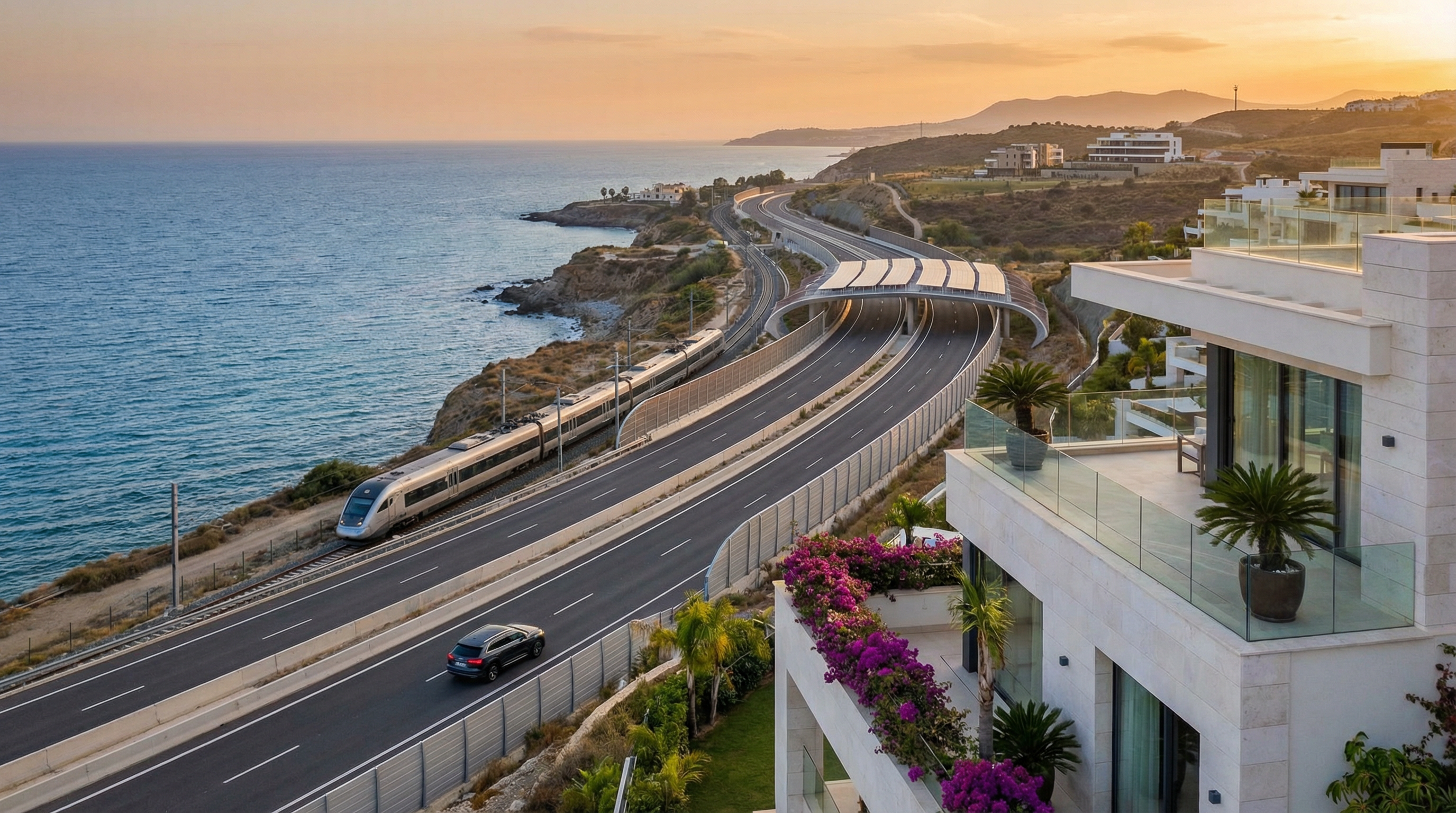 En fantastisk vy över Costa del Sol med en nybyggd motorväg som slingrar sig längs medelhavskusten, samt en lyxig fastighet med balkong och bougainvillea.
