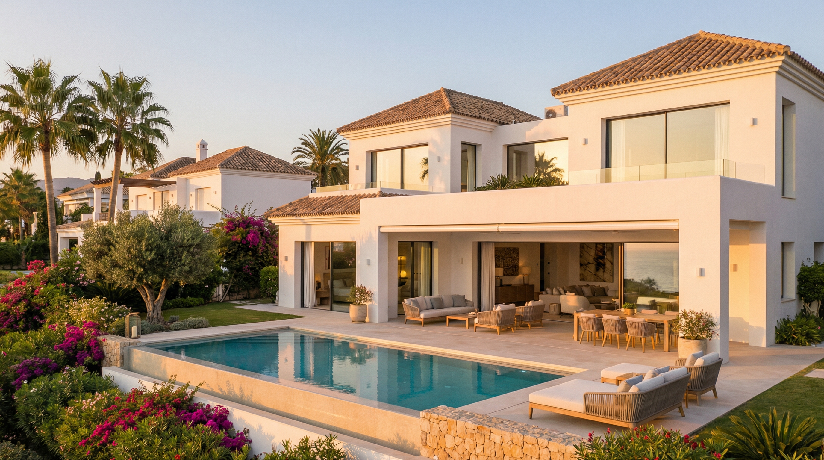 Moderne middelhavsvilla på Costa del Sol med hvite stucco vegger, terrasse, infinitybasseng og palmer i solfylt ettermiddag.