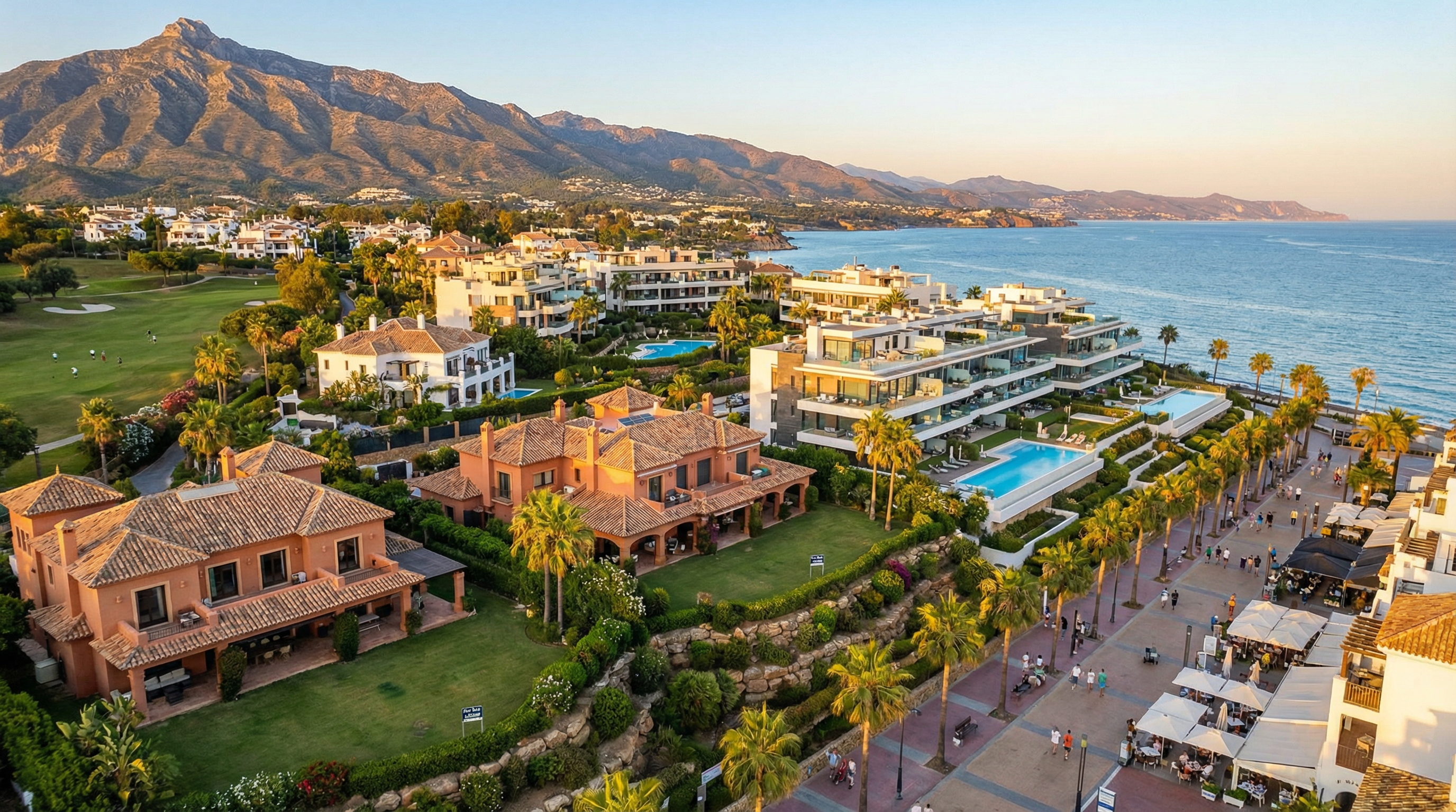 Luftbilde av Costa del Sol-kysten, med luksusvillaer og moderne leiligheter i Marbella og Estepona, samt livlige mennesker i bakgrunnen.