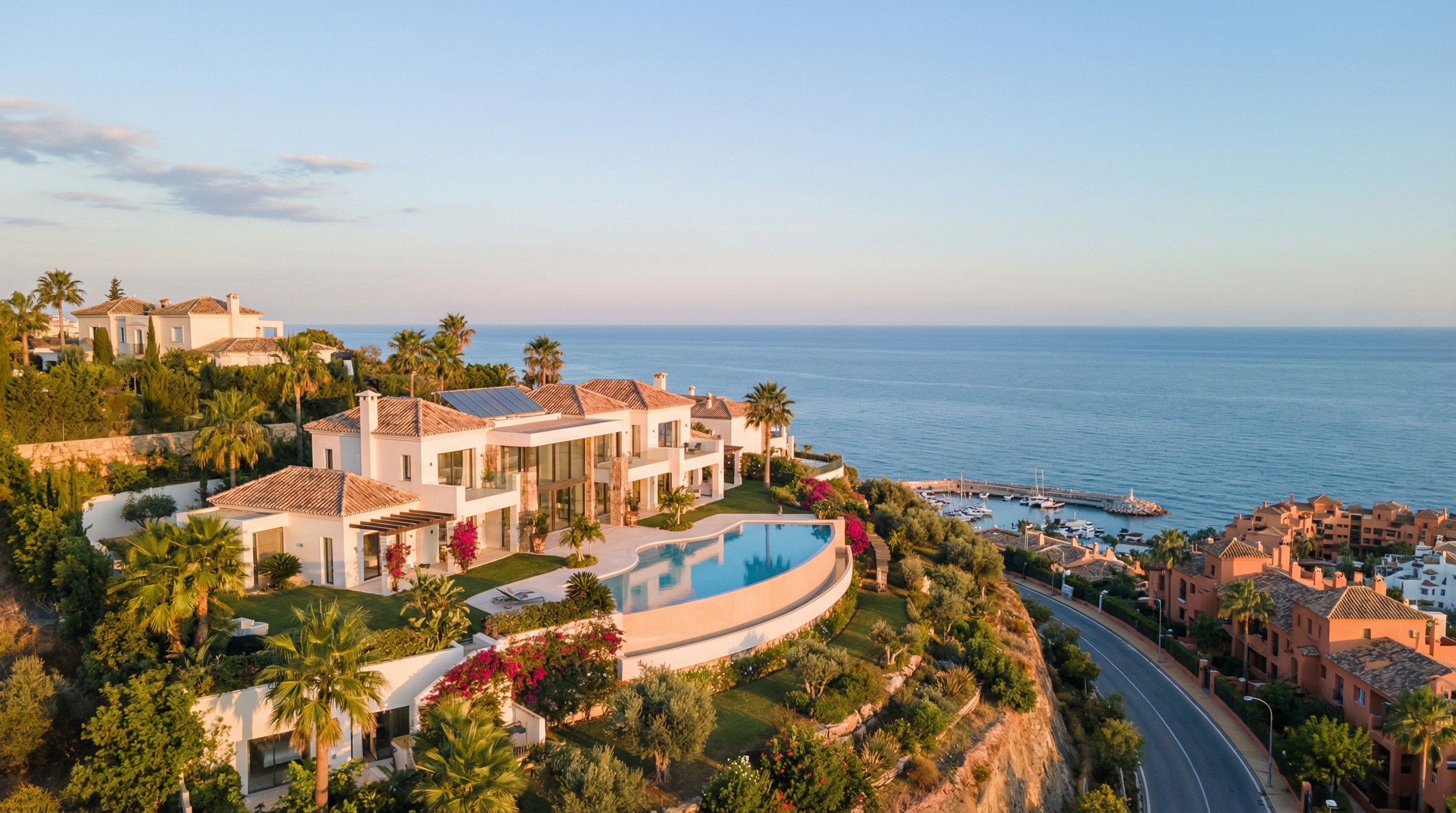 Luftbilde av en moderne villa på Costa del Sol med infinity-pool og frodige hager, omgitt av azurblått hav og klar himmel.
