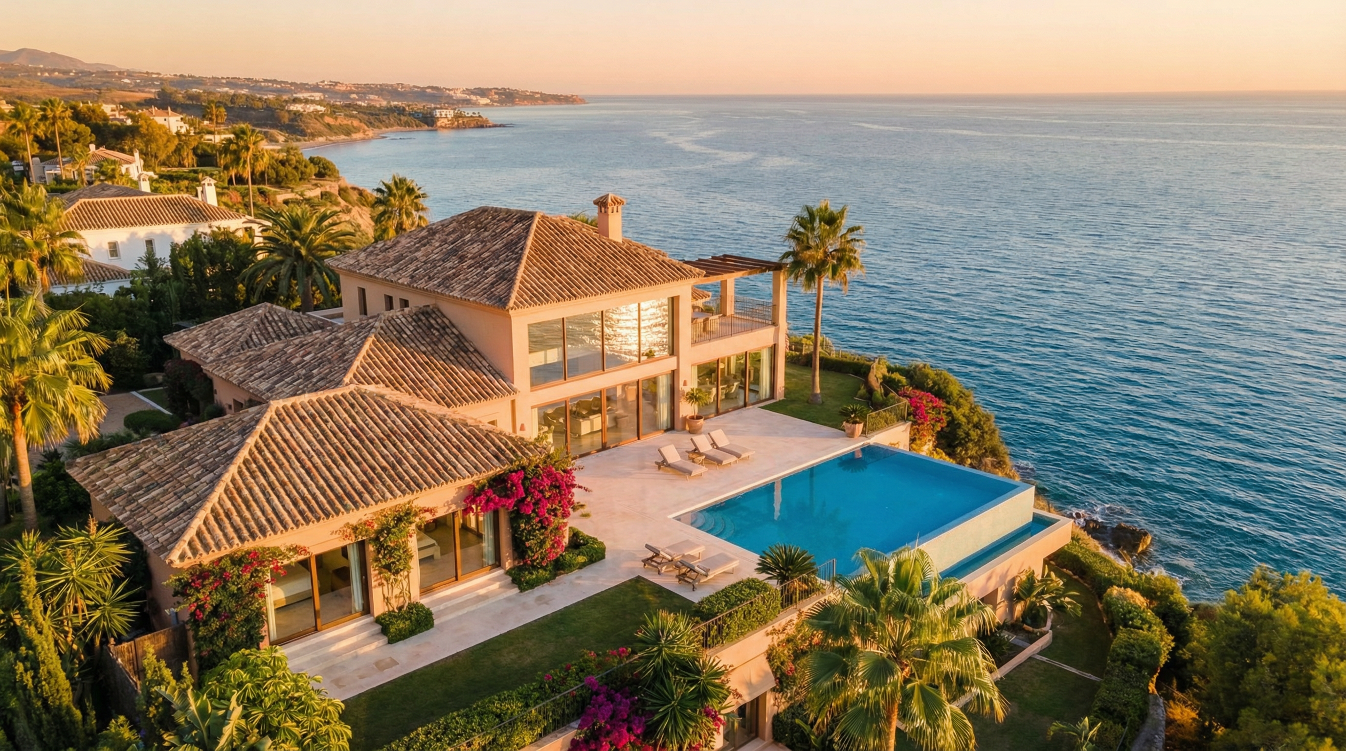 Luftfoto af en luksuriøs villa på Costa del Sol med store glasvinduer, infinity pool og udsigt over Middelhavet.