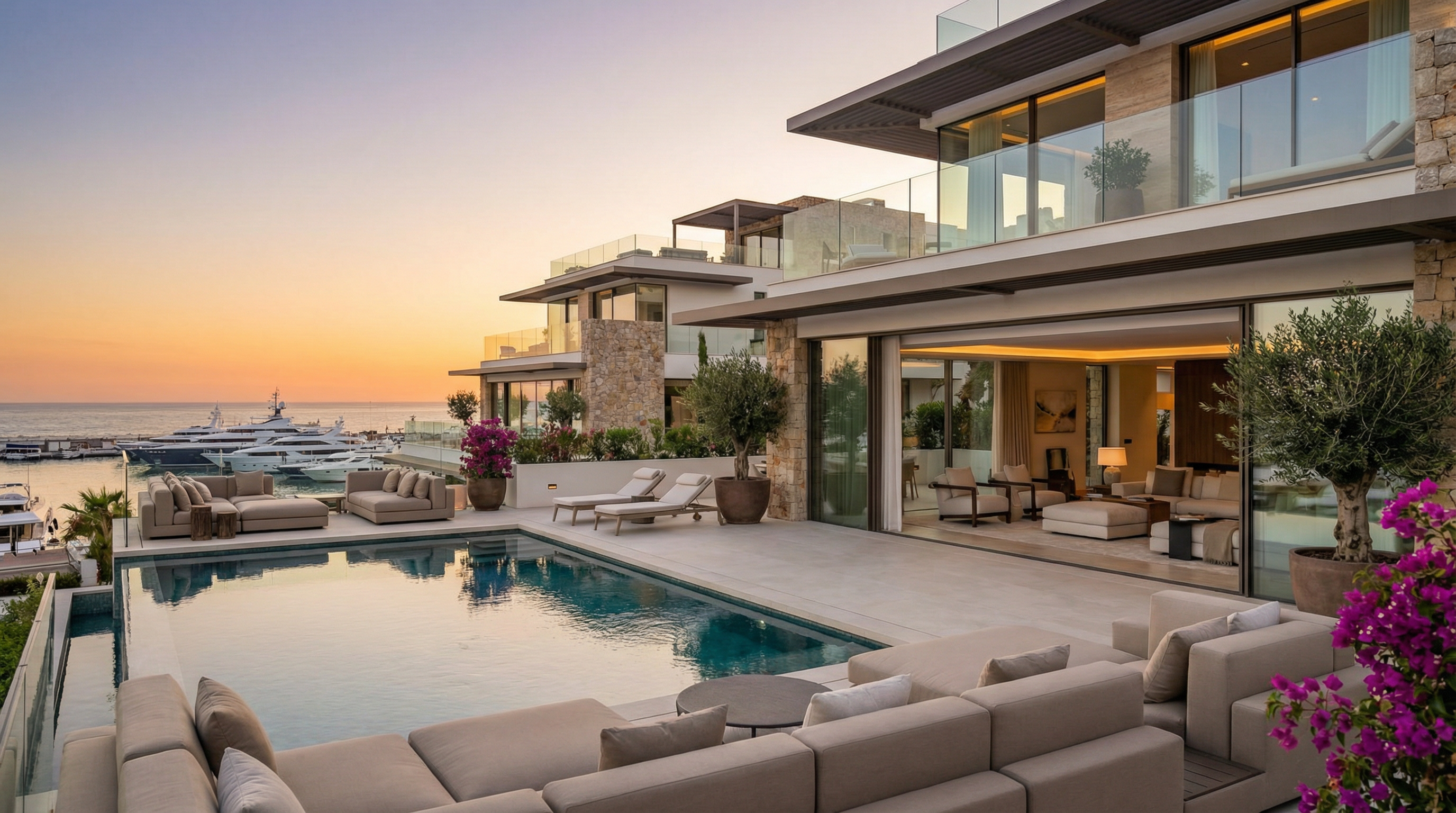 Luksuriøs terrasse med udsigt over Middelhavet i Puerto Banús, Costa del Sol, med moderne branded residences, infinity pool og yacht i baggrunden.