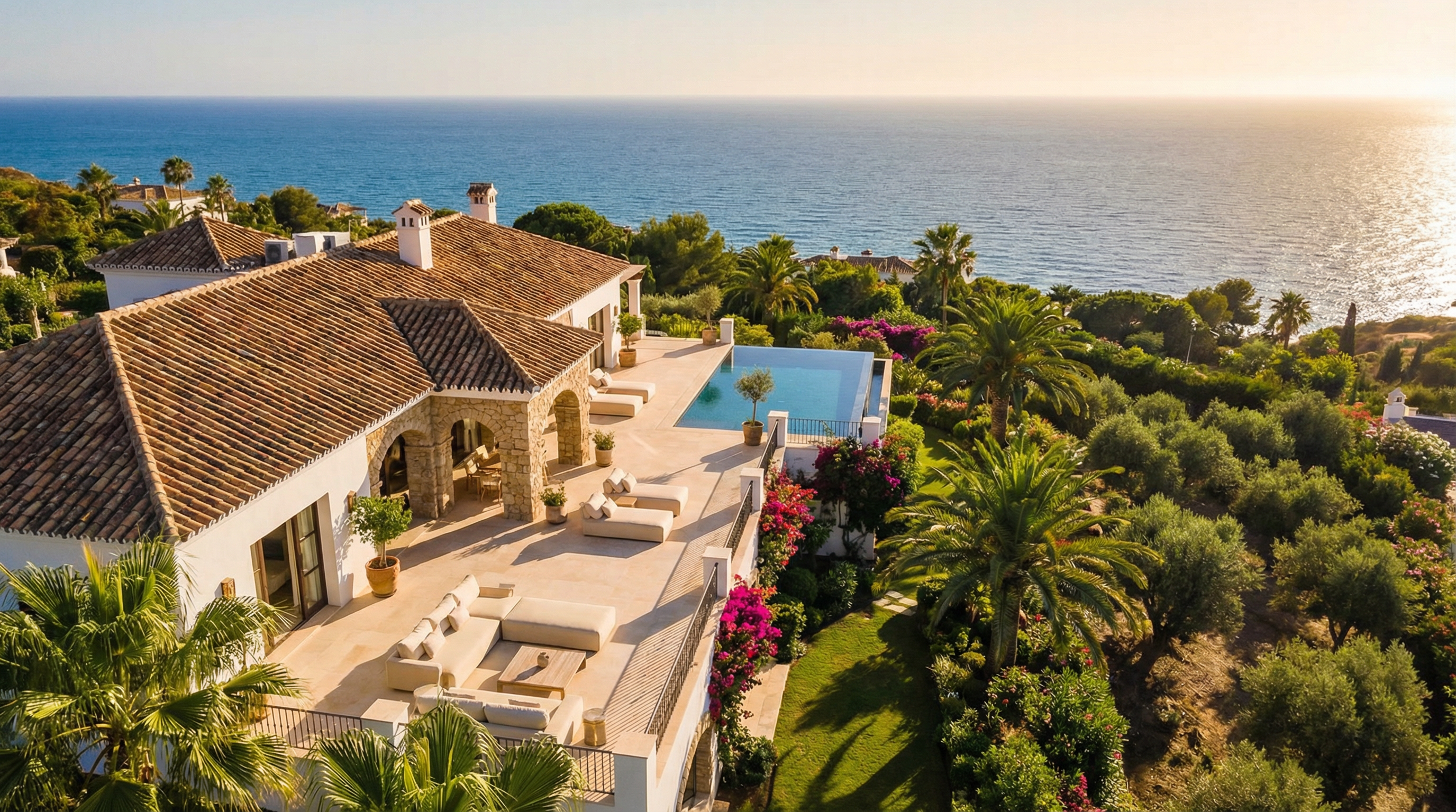 Luftbilde av en luksuriøs middelhavsvilla på Costa del Sol, med grønne hager, sjøutsikt og solfylte terrasser.