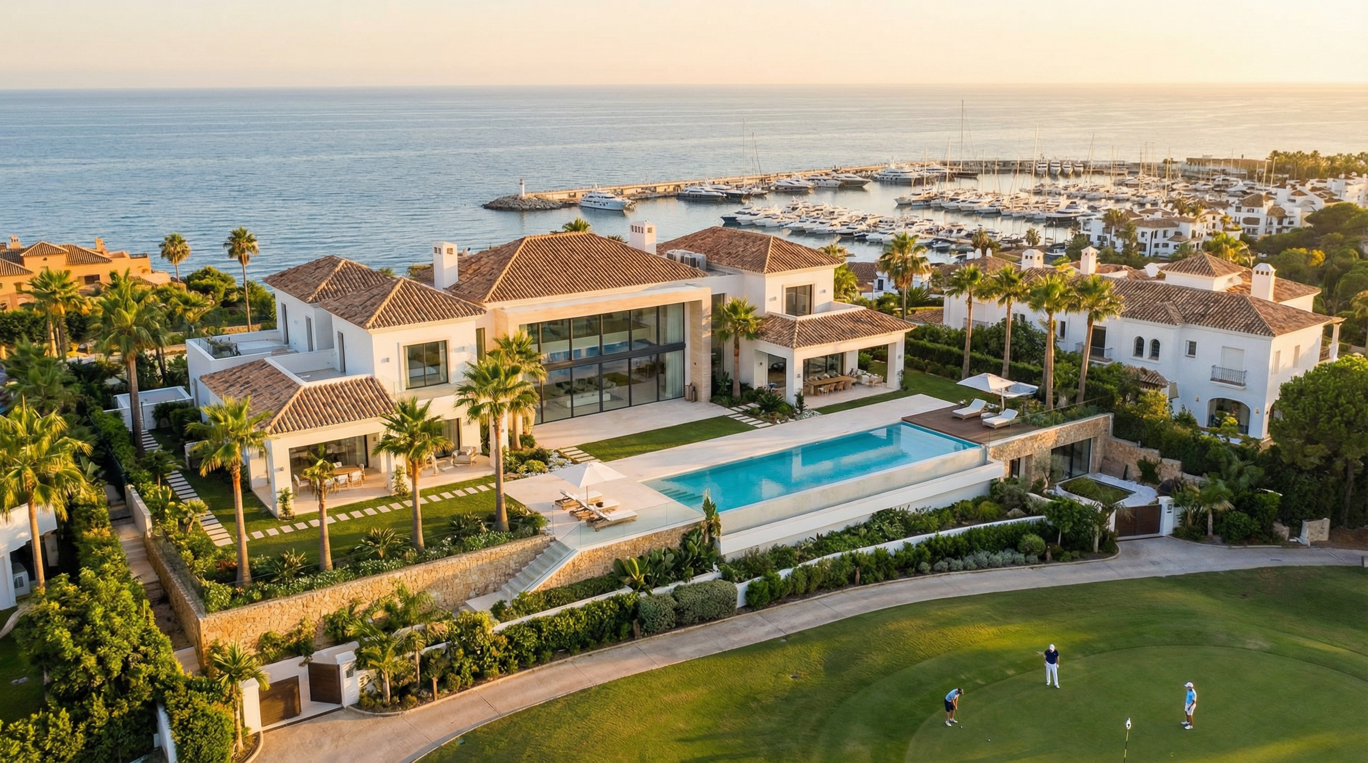 Luftbilde av en luksuriøs villa på Costa del Sol med moderne middelhavsstil, omgitt av hager og med utsikt over Middelhavet.