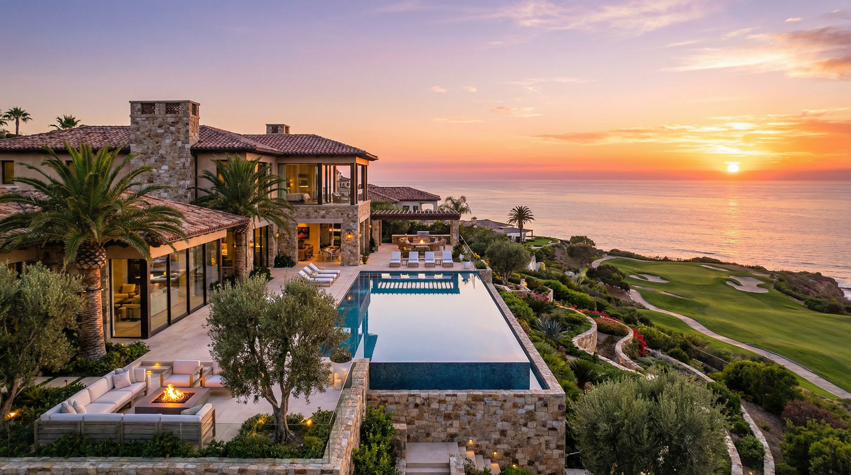 Luxurious coastal villa in Costa del Sol overlooking a championship golf course at sunset, featuring modern Mediterranean architecture and an infinity pool.