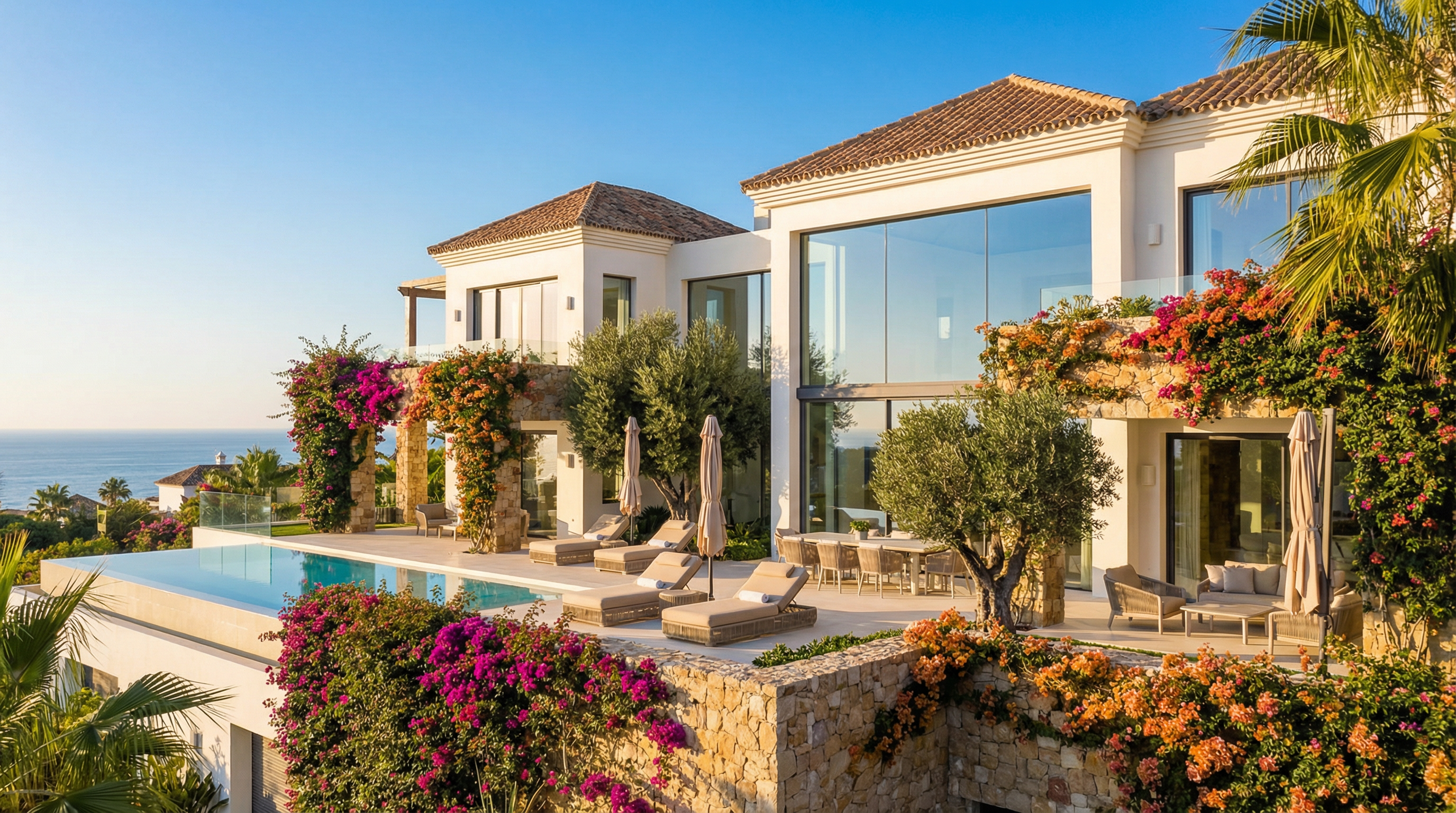 Modern villa a Costa del Solon, mediterrán stílusú architektúrával és elegáns fehér homlokzattal, buja zöld növényzettel körülvéve.