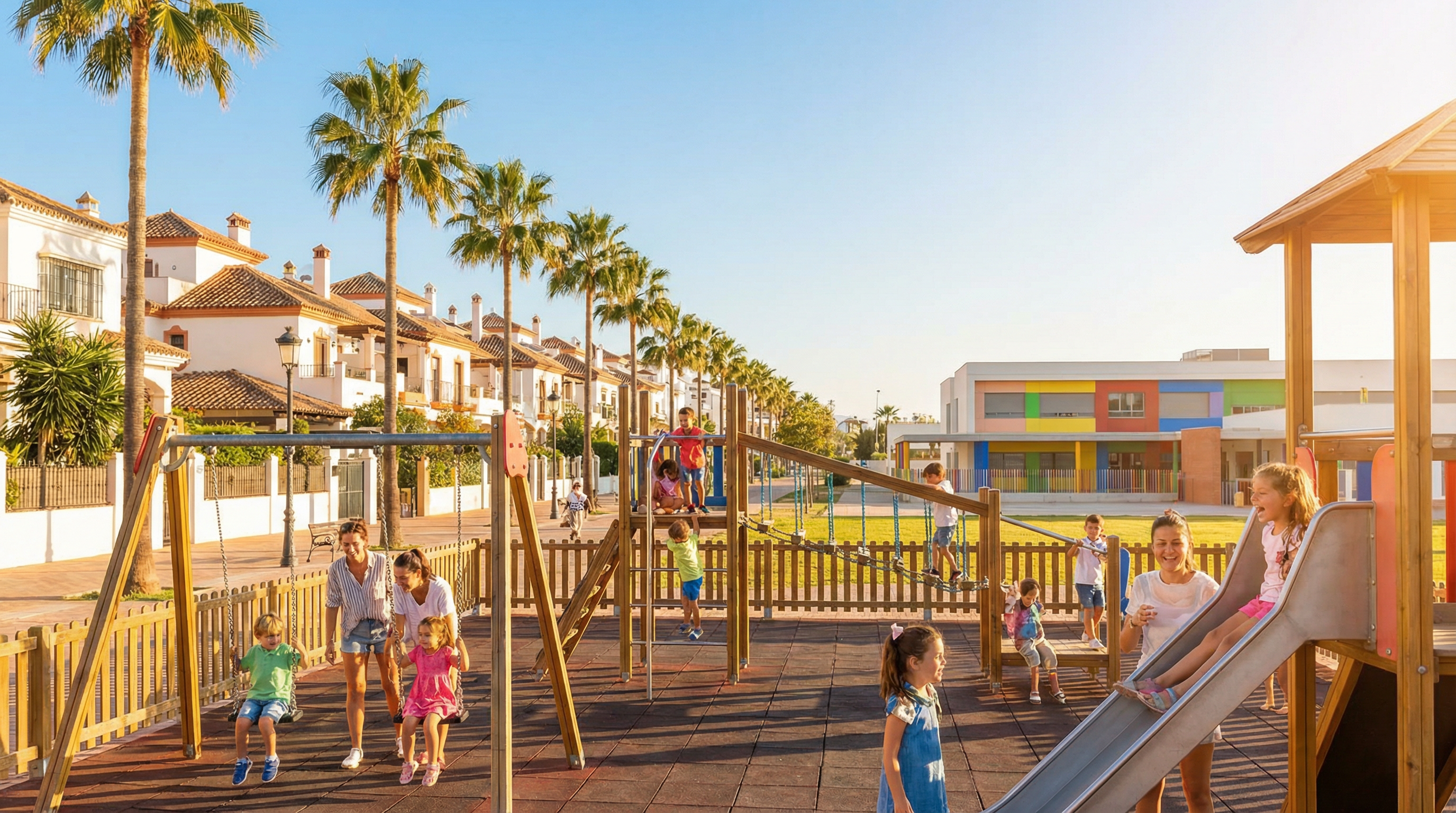 A lively family enjoying a sunny day at a playground in Costa del Sol, with palm trees, children playing, and colorful school buildings in the background.