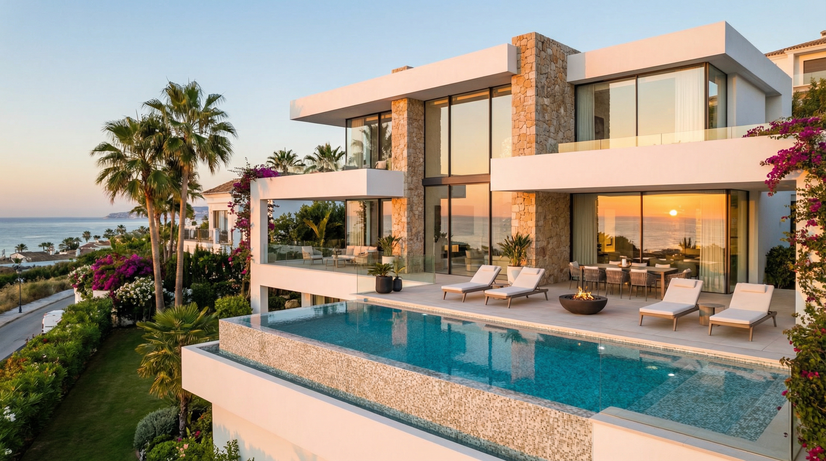 Luxueuze branded residence aan de Costa del Sol, met moderne architectuur, infinity pool en tropische tuin in gouden uurtjes.