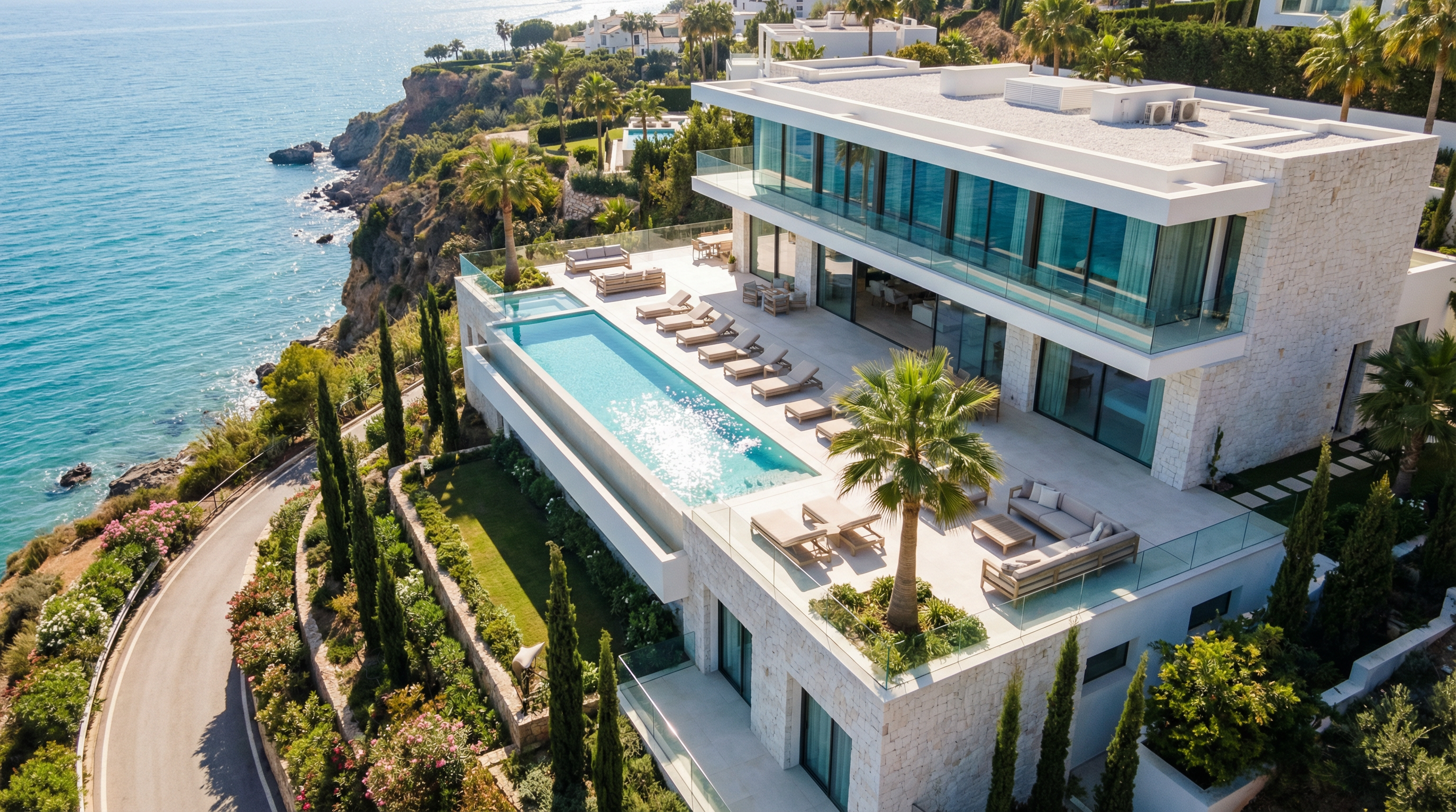 Luftbilde av en moderne middelhavsvilla i Costa del Sol, med glassvegger og privat basseng omgitt av palmer og hager.