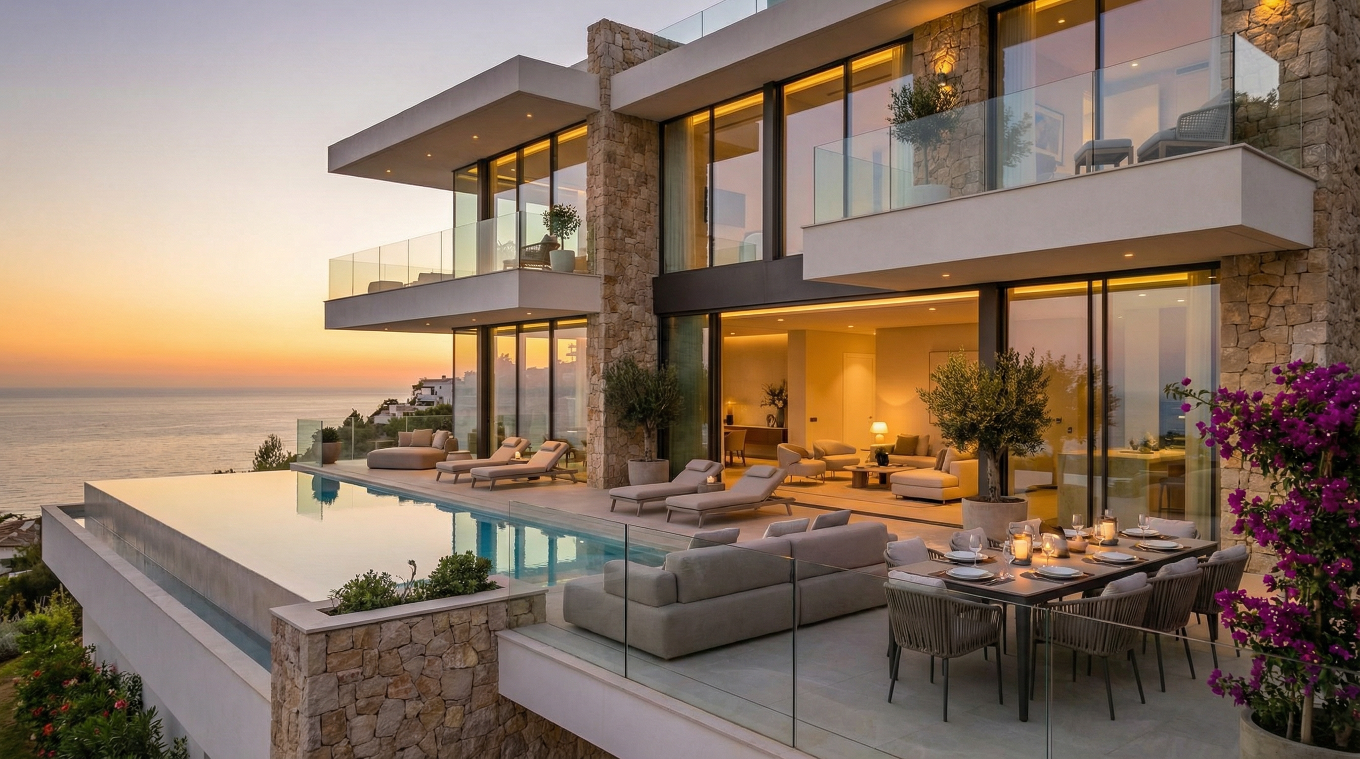 Luksuriøs branded residence på Costa del Sol med moderne arkitektur, glassfasader og utsikt over Middelhavet ved solnedgang.