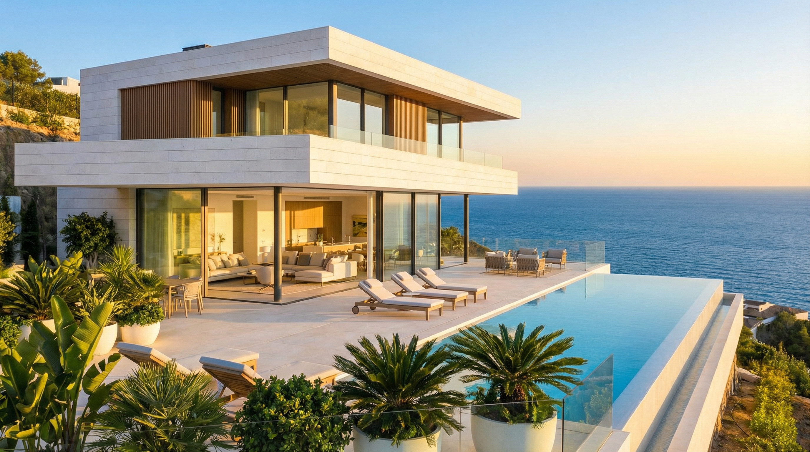 Luksuriøs designerbolig på Costa del Sol med moderne arkitektur og udsigt over Middelhavet, der fanger essensen af eksklusiv livsstil.