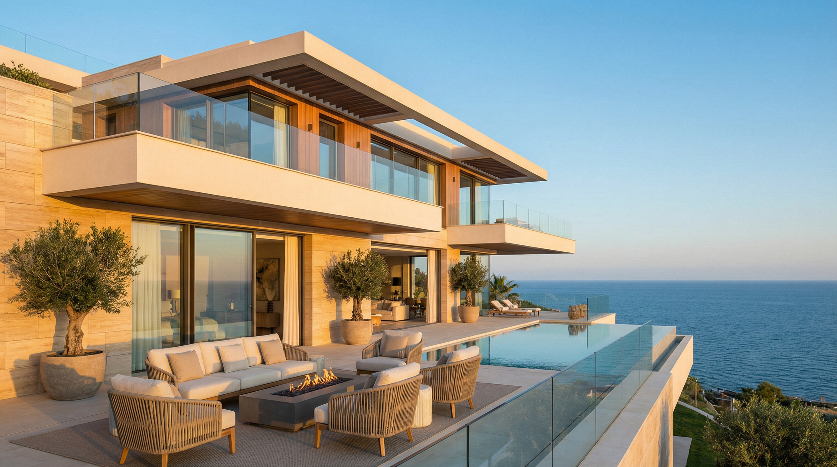 Luxuriöse branded residence an der Costa del Sol mit modernem Design, großen Fenstern und Terrasse, Blick auf das Mittelmeer.