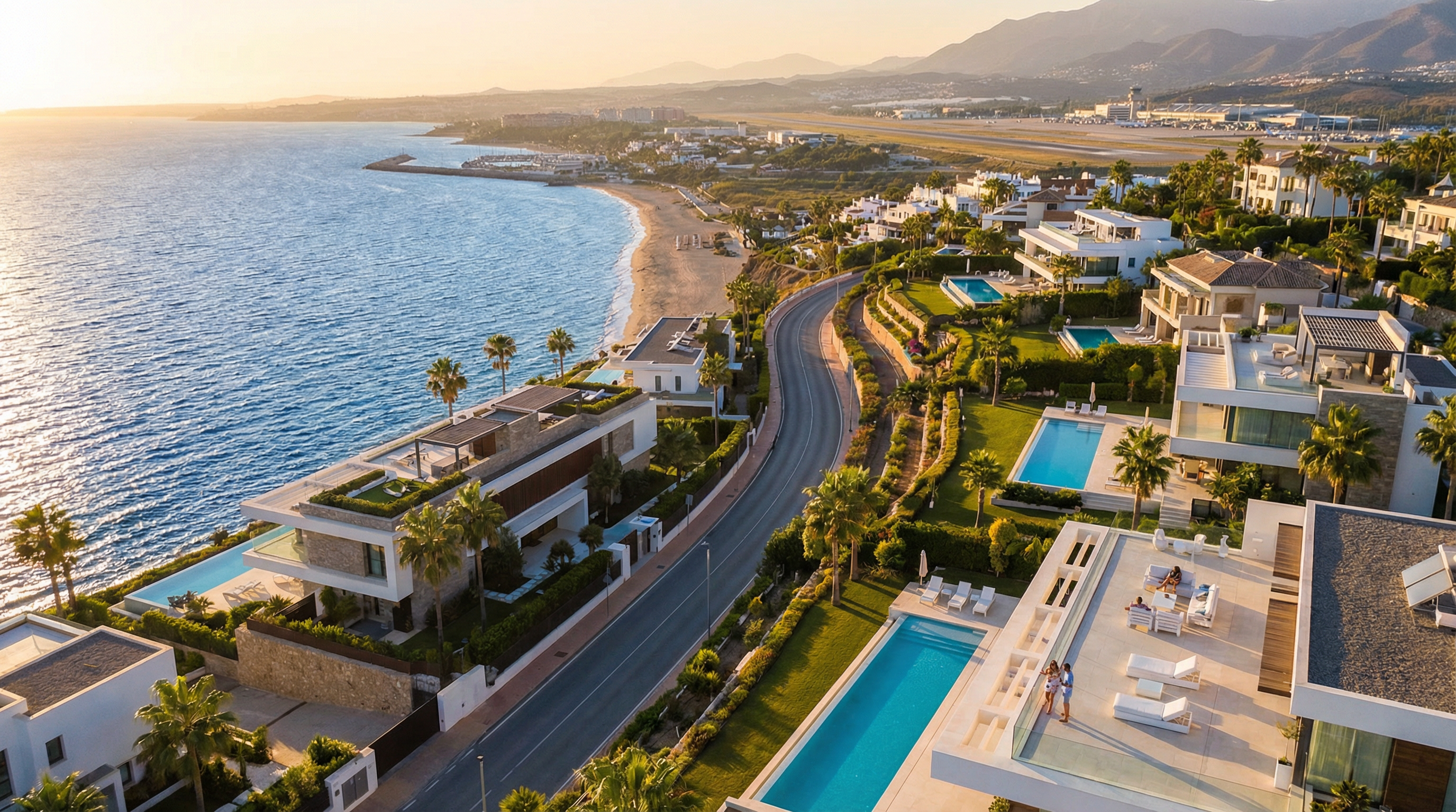 Aerial view of Costa del Sol coastline with luxurious villas and Mediterranean Sea, showcasing Málaga Airport in the distance.
