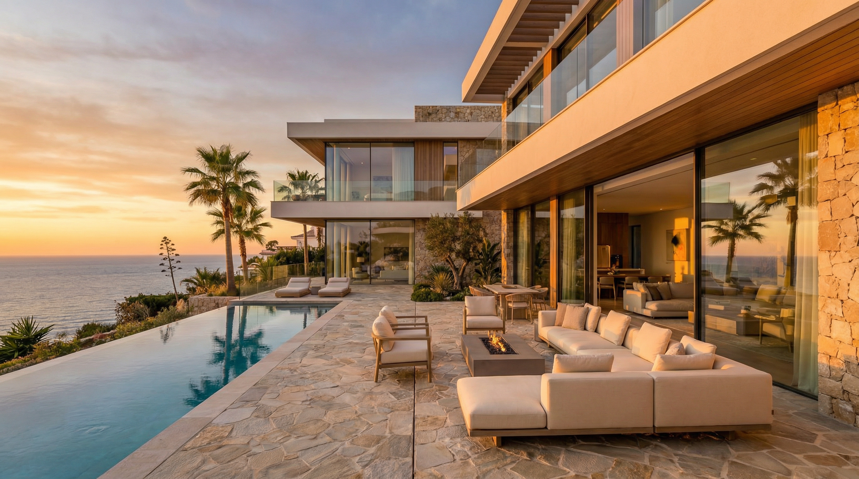 Luxurious branded residence on Costa del Sol with modern architecture, large glass windows, and stunning views of the Mediterranean Sea during golden hour.