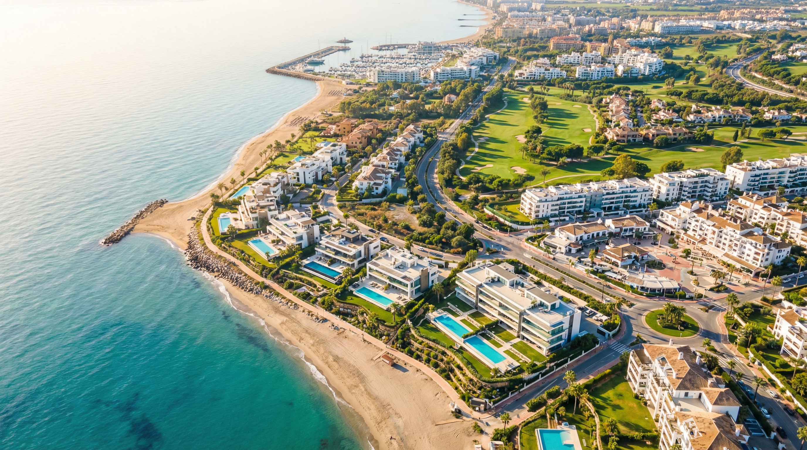 Vue aérienne de la Costa del Sol montrant des propriétés résidentielles modernes, la mer Méditerranée et des plages dorées, avec des terrains de golf verdoyants en arrière-plan.
