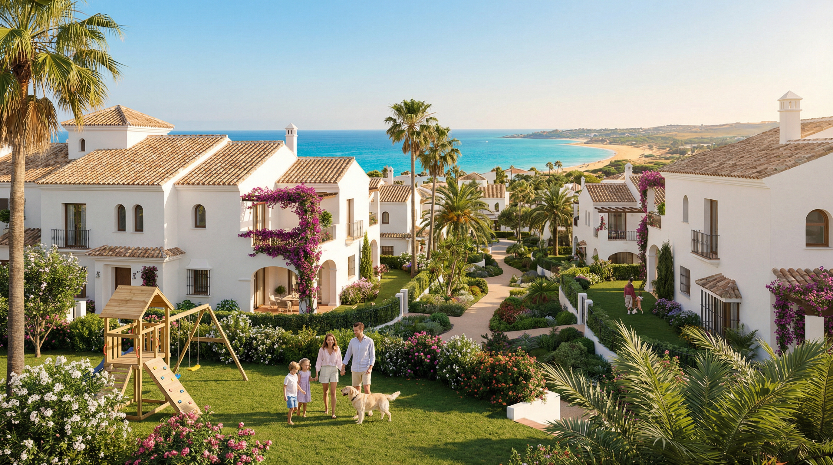 A vibrant family-friendly neighborhood in Costa del Sol with Mediterranean homes, palm trees, and a family playing in a sunny park.