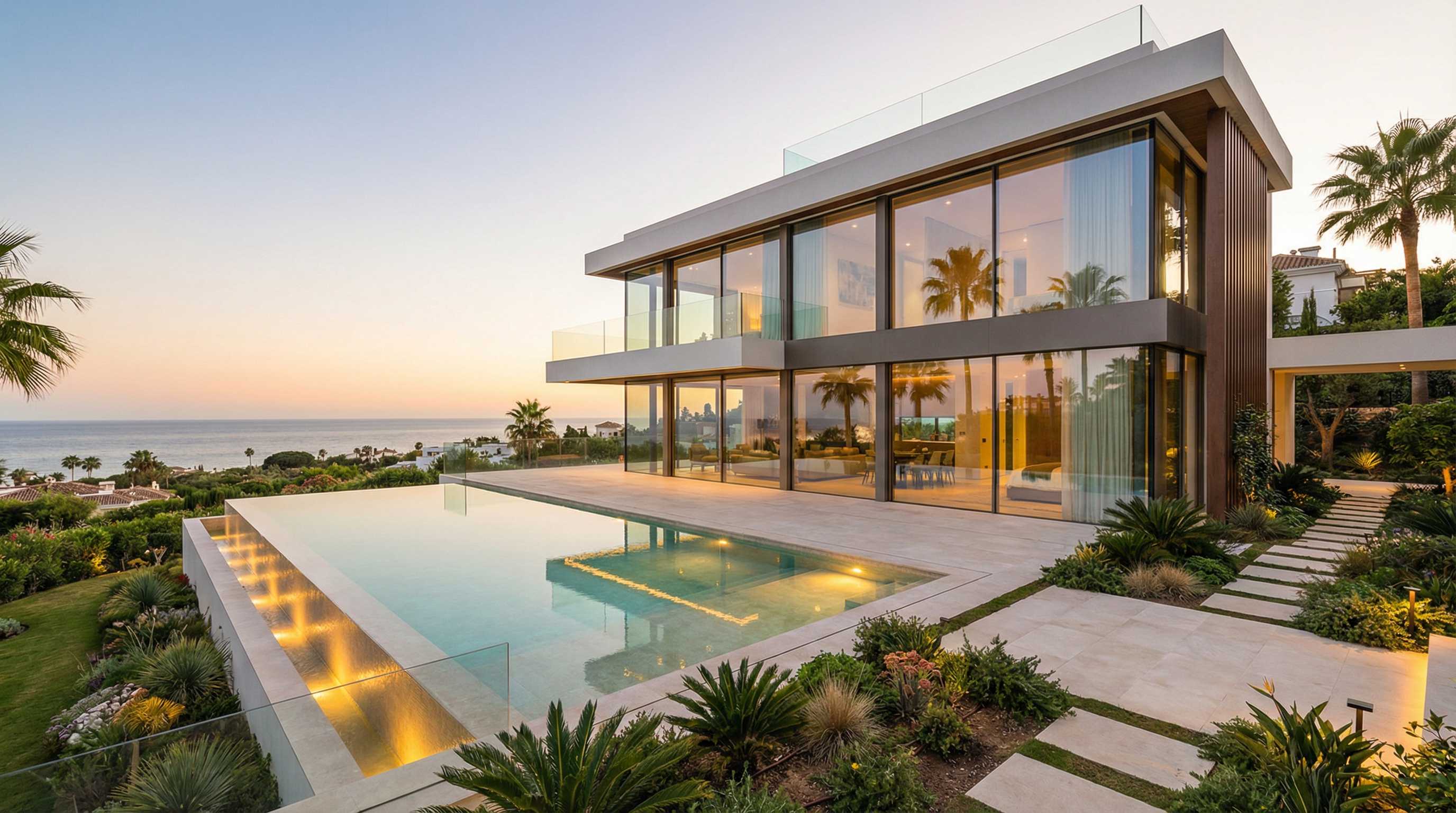 En modern lyxvilla i Marbella, Costa del Sol, med glasfönster som speglar himlen och omgivande palmer, med Medelhavet i bakgrunden.