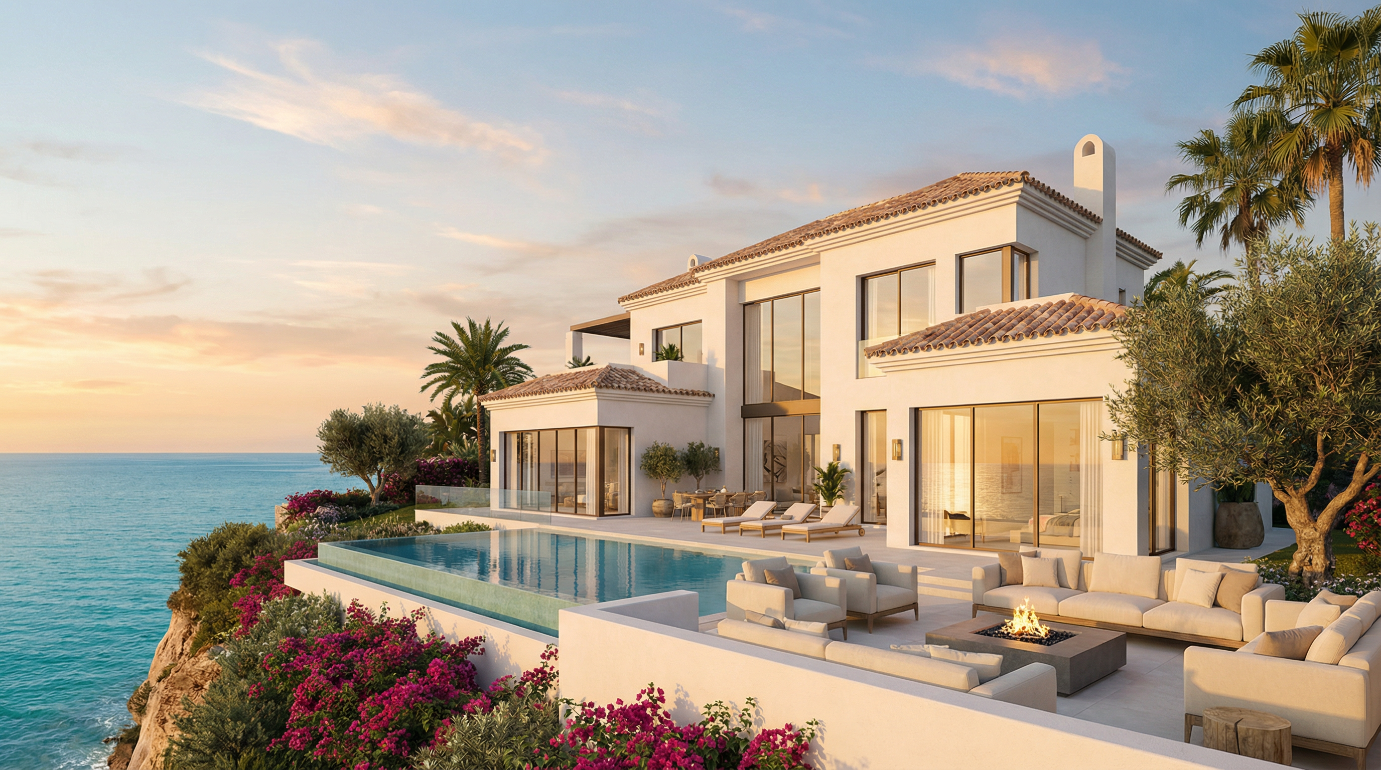 Moderne Villa an der Costa del Sol mit weißen Wänden und terrakottafarbenem Dach, umgeben von Palmen und Blick auf das azurblaue Meer.