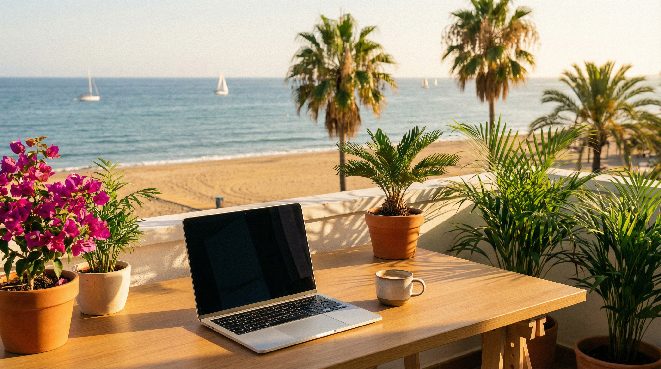 Digitális nomád életstílus Costa del Solon: modern munkahely egy napfényes teraszon, a Földközi-tengerre nézve, pálmafákkal körülvéve.