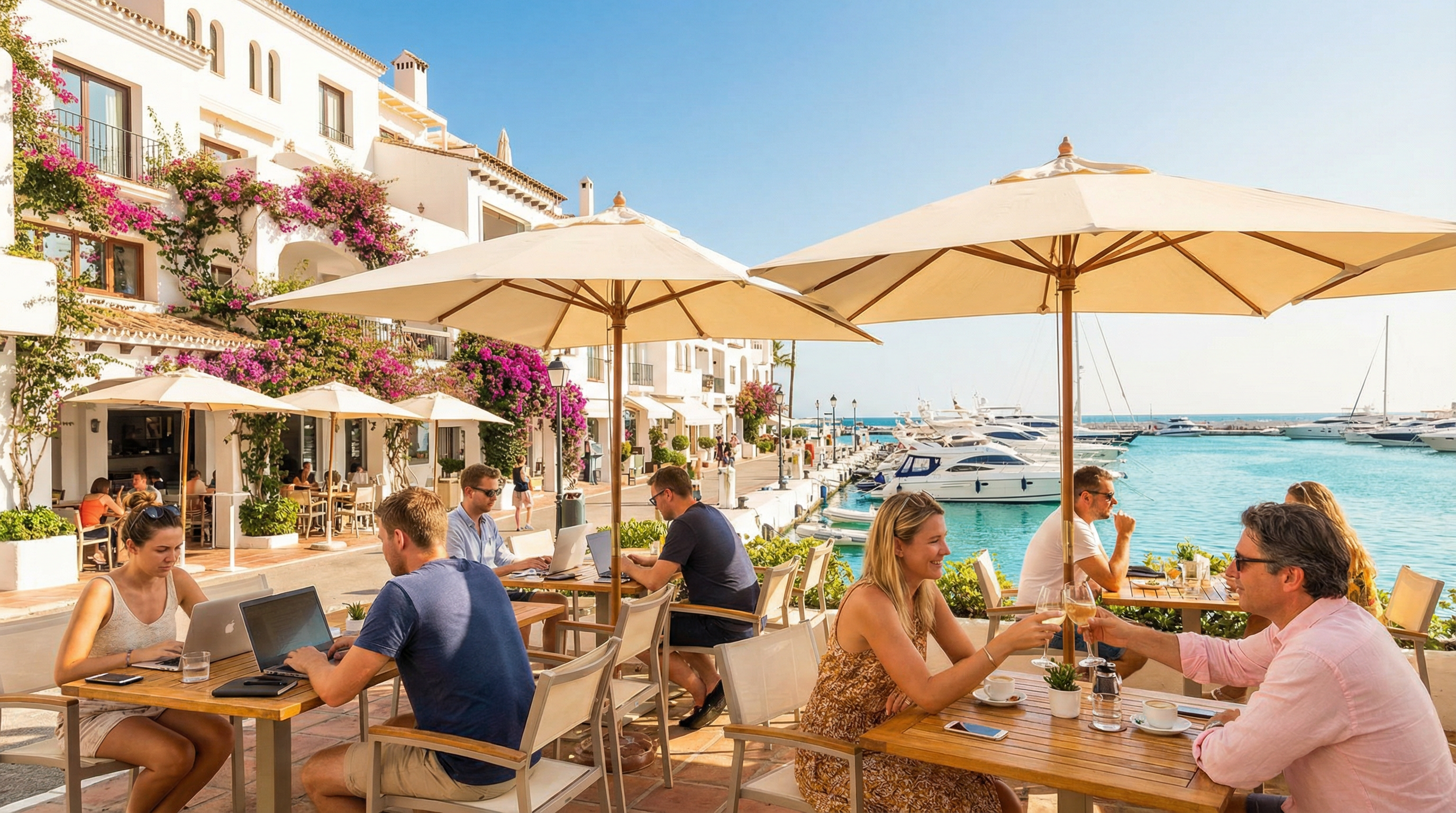 Vibrantti rannikkonäky Puerto Banúsista, Costa del Solista, jossa diginomadit työskentelevät tyylikkäässä ulkokahvilassa. Taustalla turkoosi meri ja luksusjahtit.