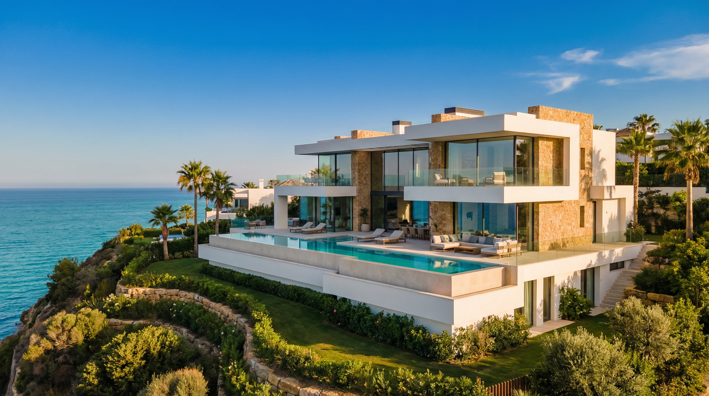 Ilmakuva modernista Välimeren villasta Costa del Solilla, jossa avara sisä- ja ulkotila yhdistyvät upeassa ympäristössä.