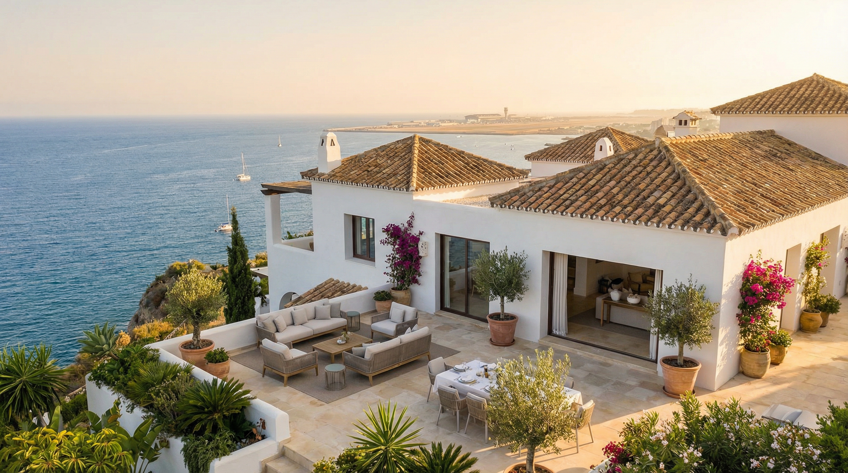 Upea rannikkovilla Välimeren äärellä Costa del Solissa, valkoiset seinät, terrakottakatto, moderni terassi ja kaukaiset näkymät Malagan lentokentälle.