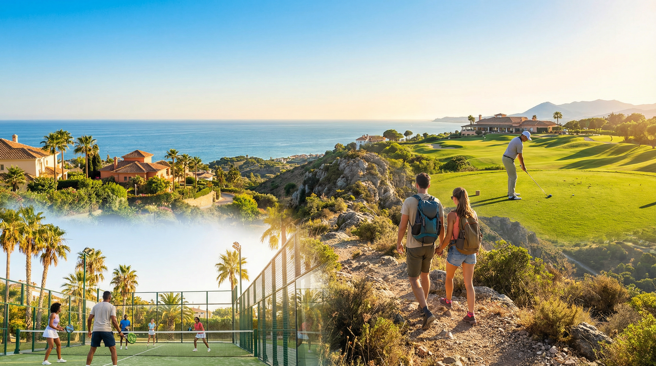 Monikulttuurinen ryhmä nauttimassa aktiivisista ulkoilmaelämäntavoista Costa del Solilla: golfia, vaellusta ja padelia kauniissa maisemissa.