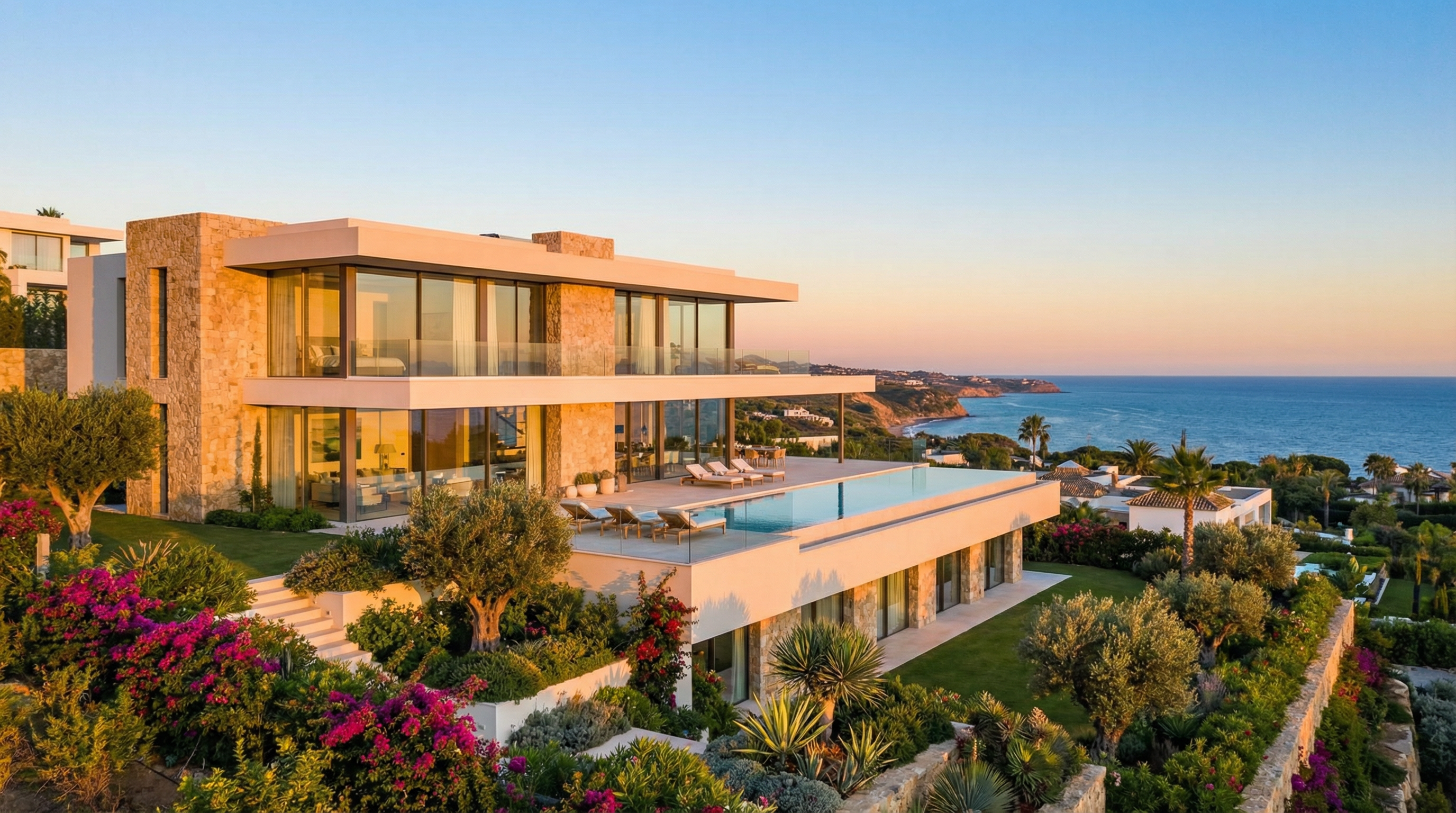 Moderne middelhavsvilla i Costa del Sol med store glassvinduer og romslig terrasse, omgitt av frodige hager og et klart blått hav.