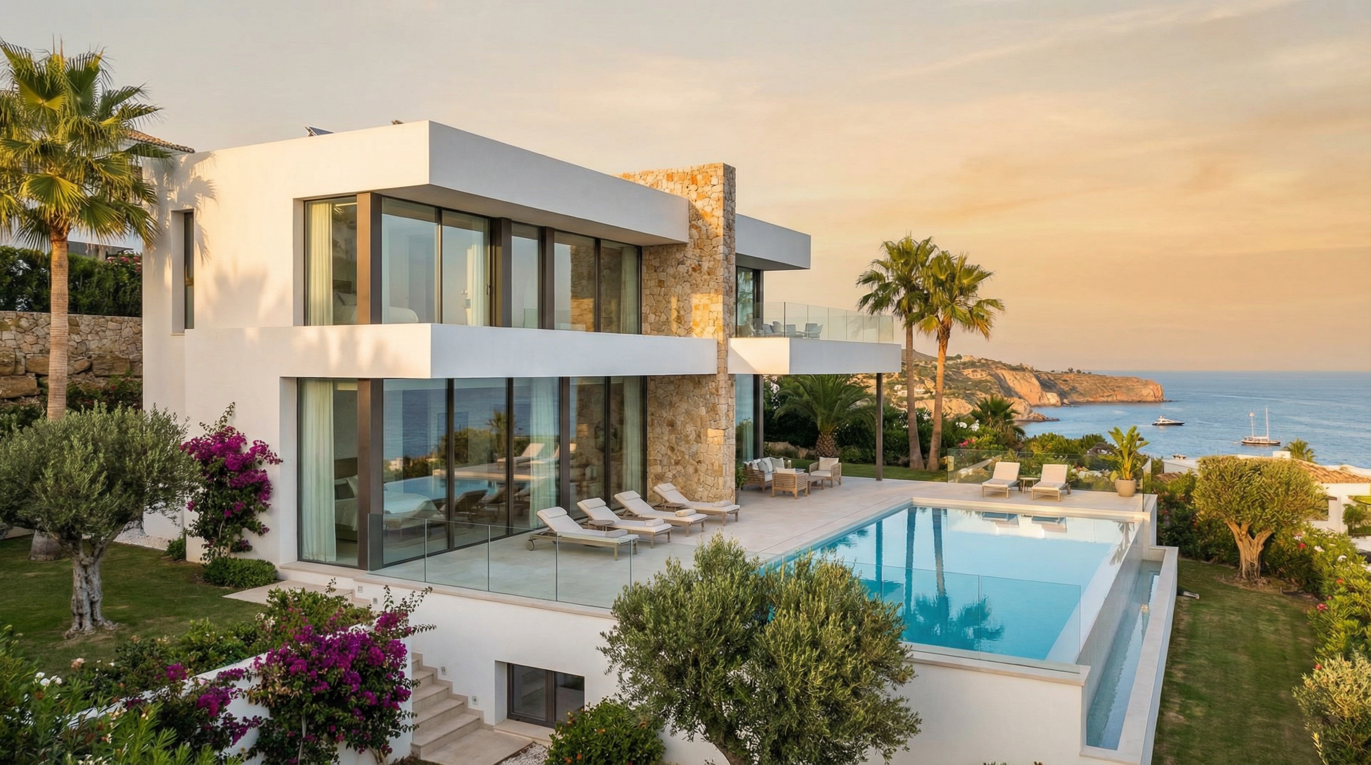 En lyxig villa i Costa del Sol med modern medelhavsstil, stora glasfönster och en infinitypool med havsutsikt.