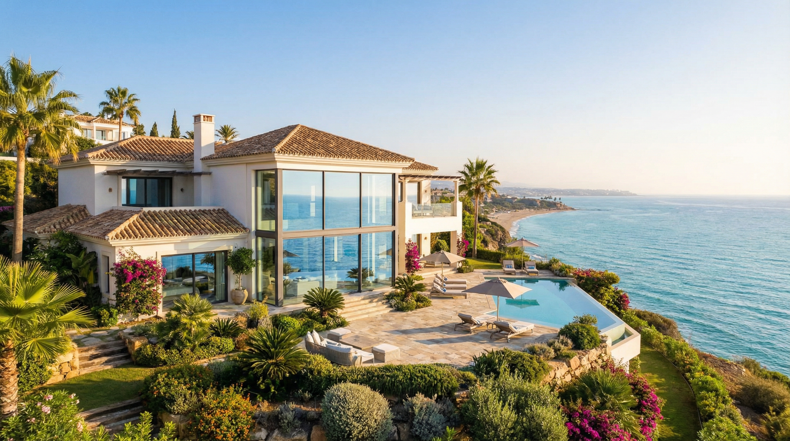 Moderni Välimeren villa Costa del Solilla, suurilla lasi-ikkunoilla ja vehreällä maisemalla, rauhoittava aamuvalaistus.