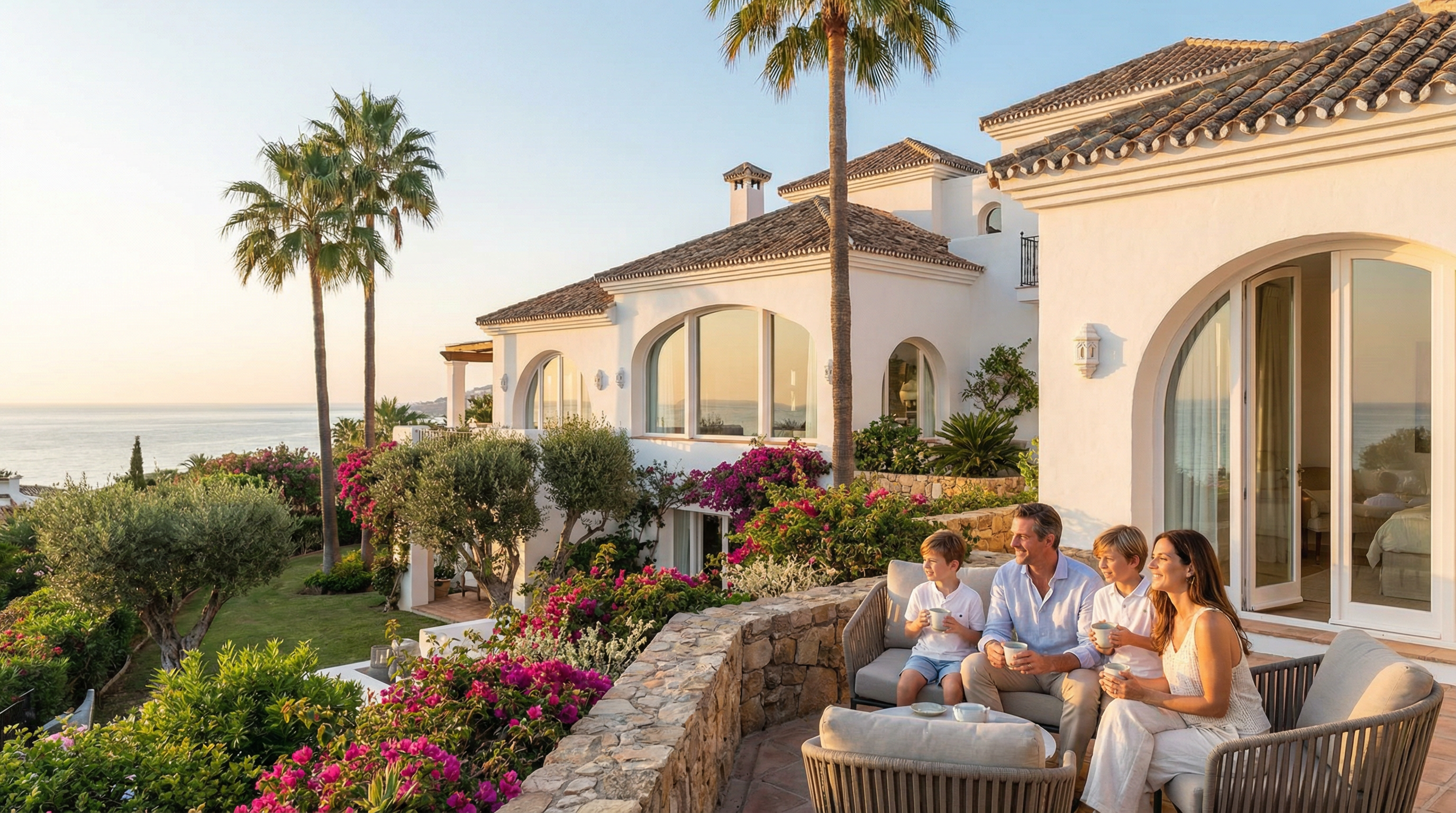 Costa del Sol gyönyörű mediterrán villája, buja kertekkel és pálmafákkal körülvéve, családdal a teraszon, tengerre néző kilátással.