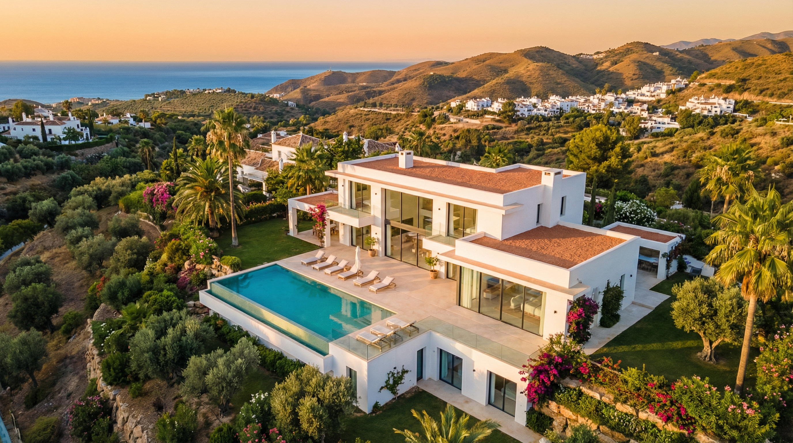 Atemberaubende Luftaufnahme einer modernen mediterranen Villa an der Costa del Sol, umgeben von üppigem Grün und einem Poolbereich, mit Blick auf das glitzernde Mittelmeer.