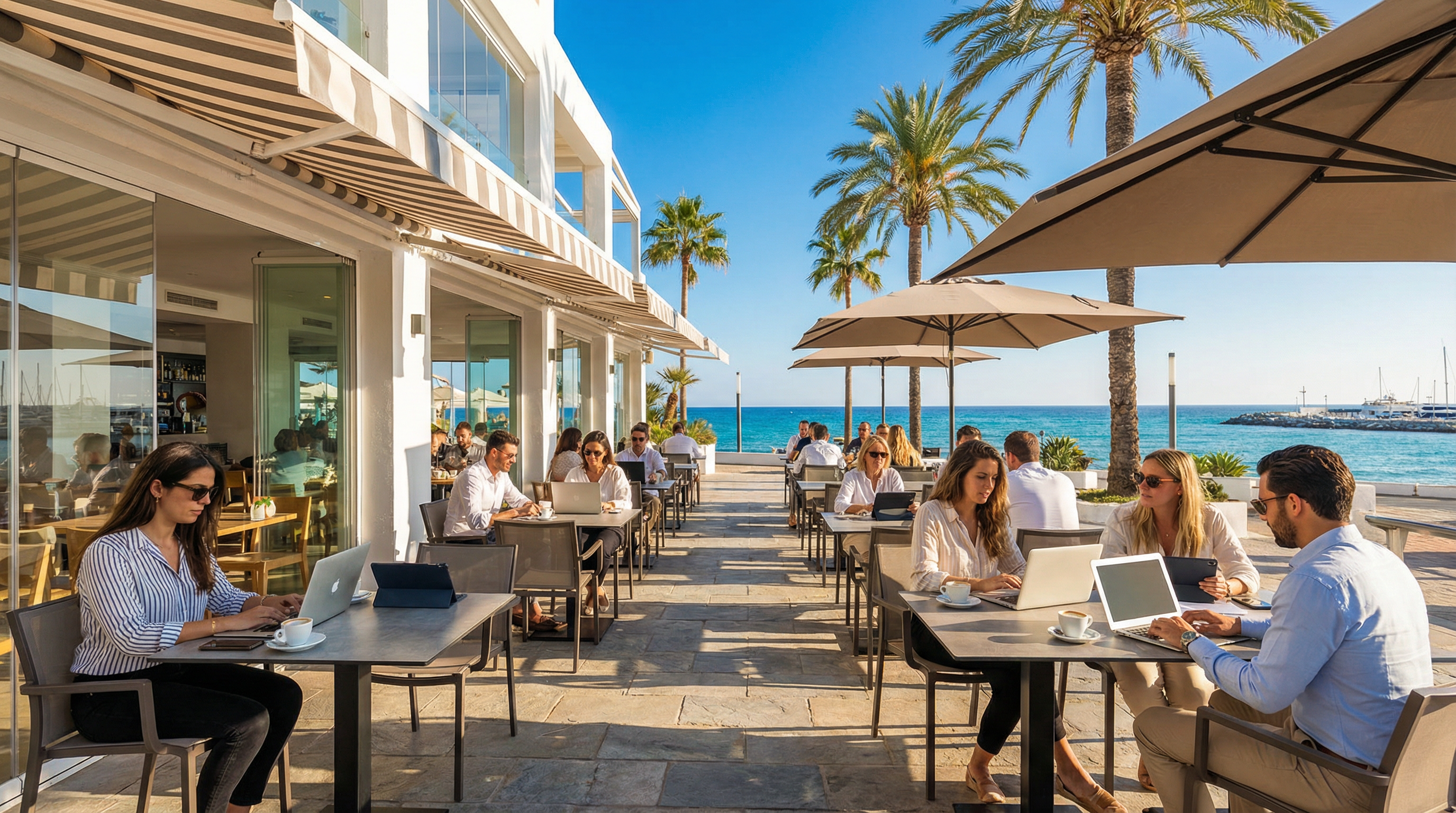 Café extérieur animé à Puerto Banús, Costa del Sol, avec des nomades numériques travaillant sur des ordinateurs portables sous le soleil méditerranéen.