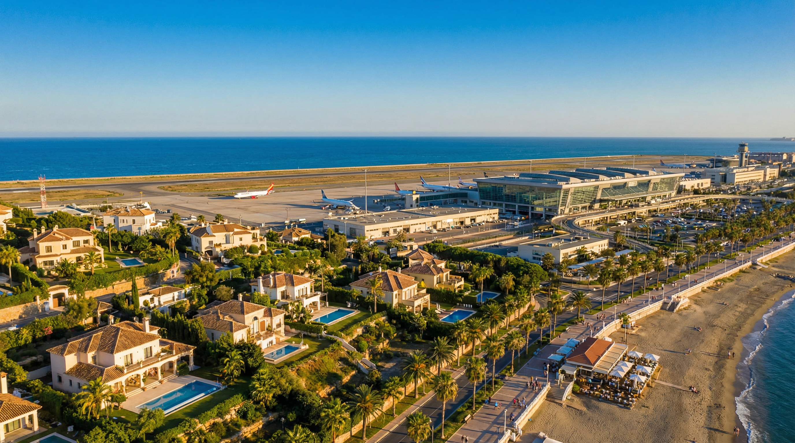 Vue aérienne éblouissante de l'aéroport de Málaga sur la Costa del Sol, entouré de propriétés résidentielles luxueuses et de la mer Méditerranée.