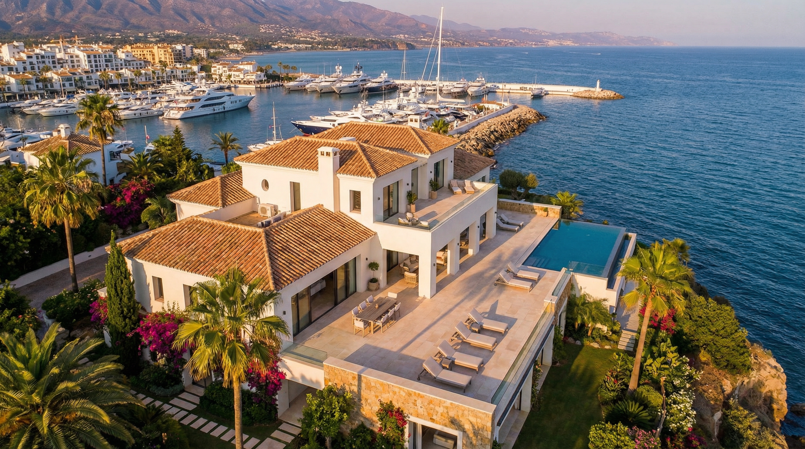 Vue aérienne d'une villa méditerranéenne luxueuse à Puerto Banús, Costa del Sol, avec une terrasse élégante et des yachts en arrière-plan.