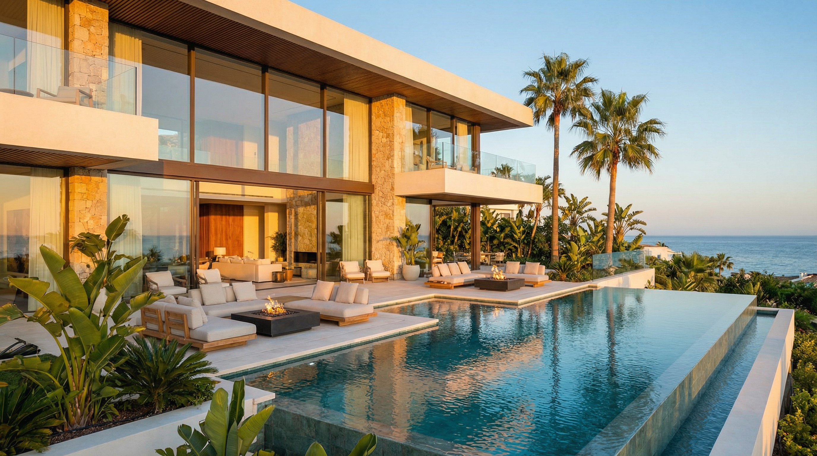 Modern villa Marbella-ban, üvegablakokkal, trópusi kertekkel és végtelenített medencével, gyönyörű mediterrán kilátással.