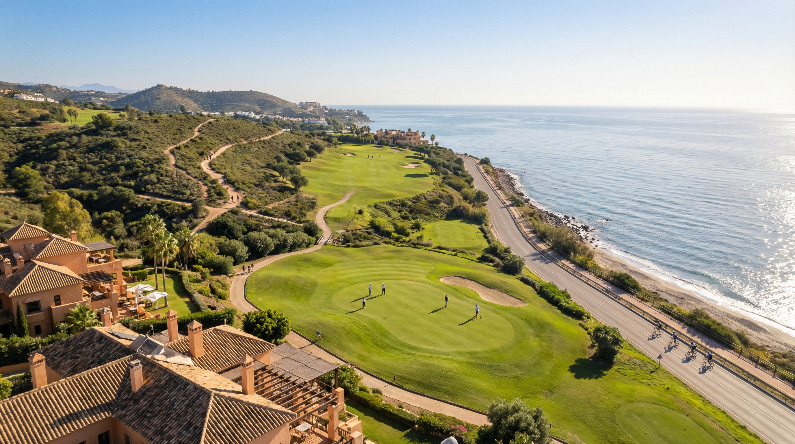 Ilma- ja maisemakuva Costa del Solista, jossa näkyy golfkenttä, vaeltajia ja pyöräilijöitä Välimeren rannalla.