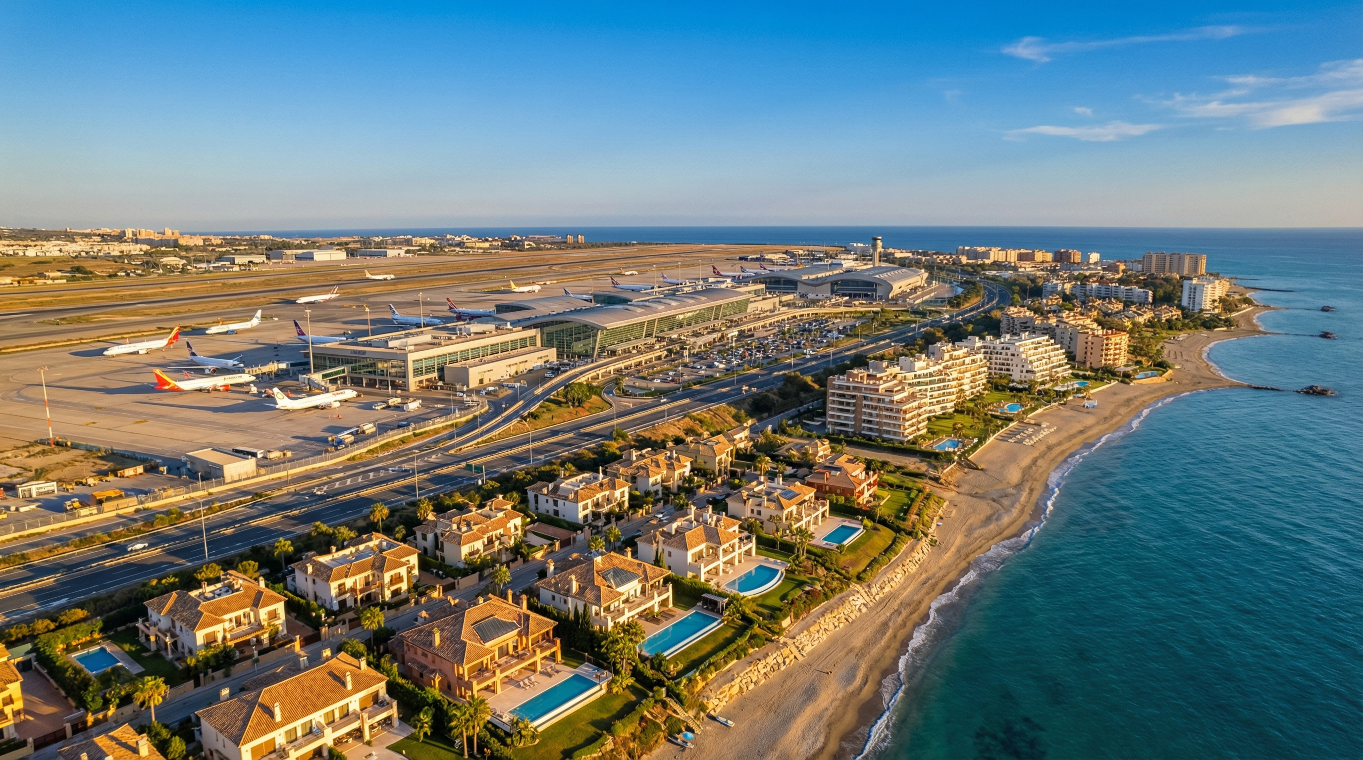 Aerial view of Málaga Airport with modern architecture, jets in flight, and the picturesque Costa del Sol coastline featuring luxury villas.