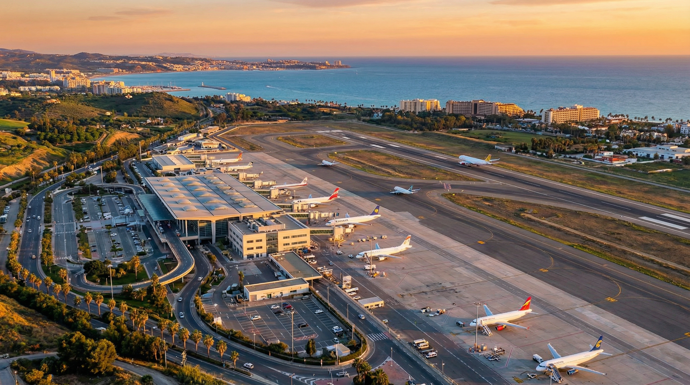 Luftfoto av Málaga flygplats med modern arkitektur, flygplan i rörelse och Medelhavets vackra landskap på Costa del Sol.