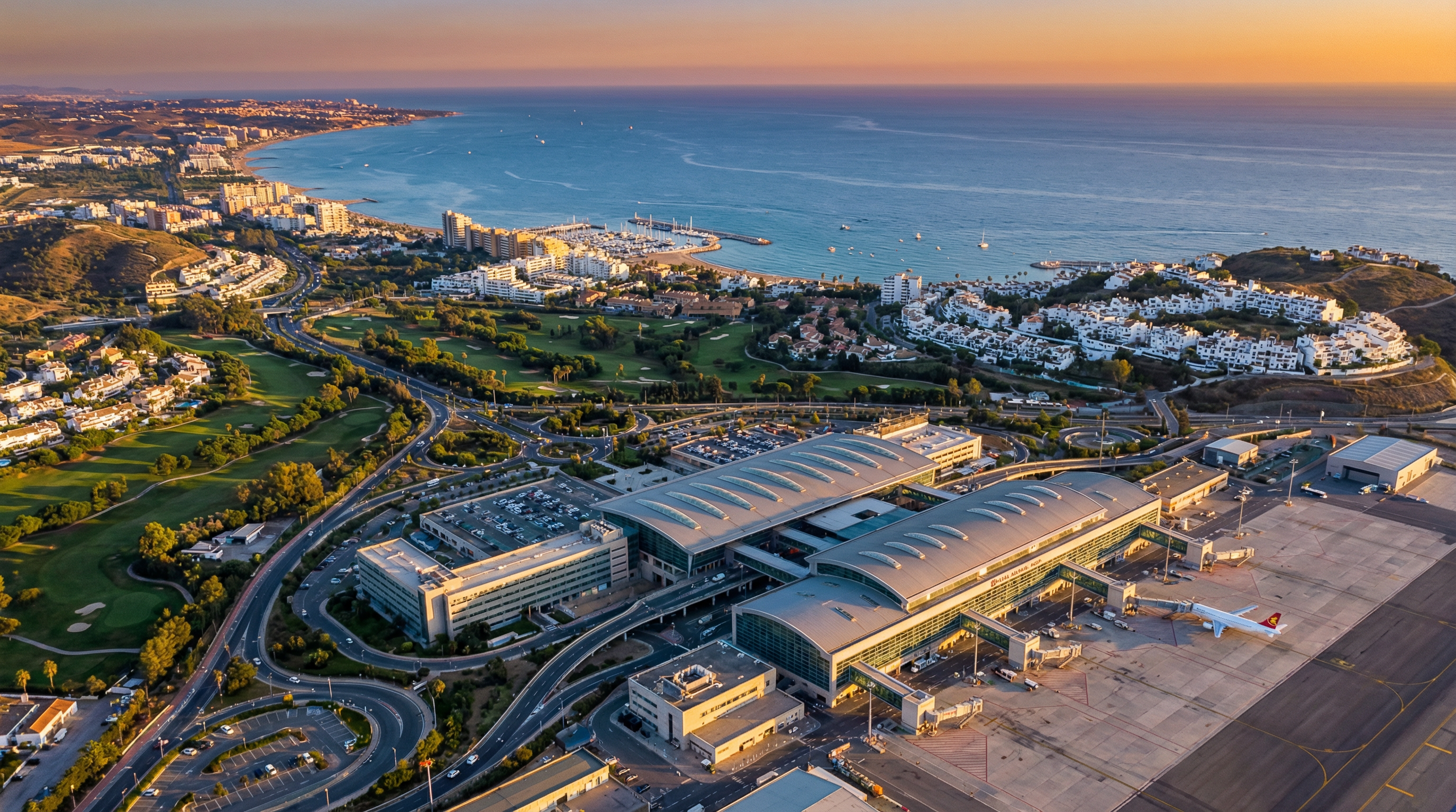 Luftbild av Málaga flygplats med Costa del Sols vackra kustlinje i bakgrunden, beläget nära Benalmádena och Marbella.