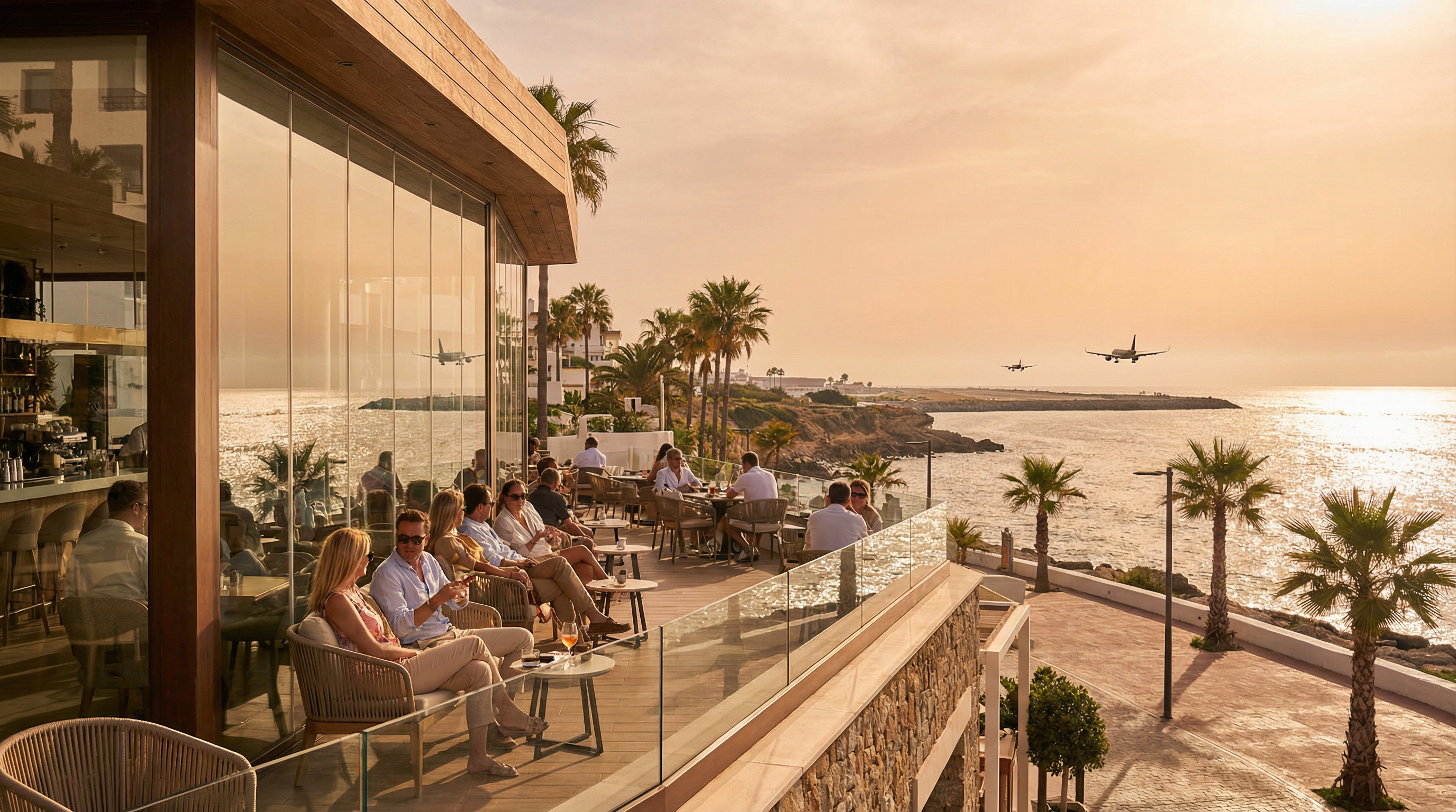 Moderni merenrantakahvila Puerto Banúsissa, Costa del Solilla, jossa ihmiset nauttivat auringosta ja näkevät lentokoneita Málaga Lentokentälle.