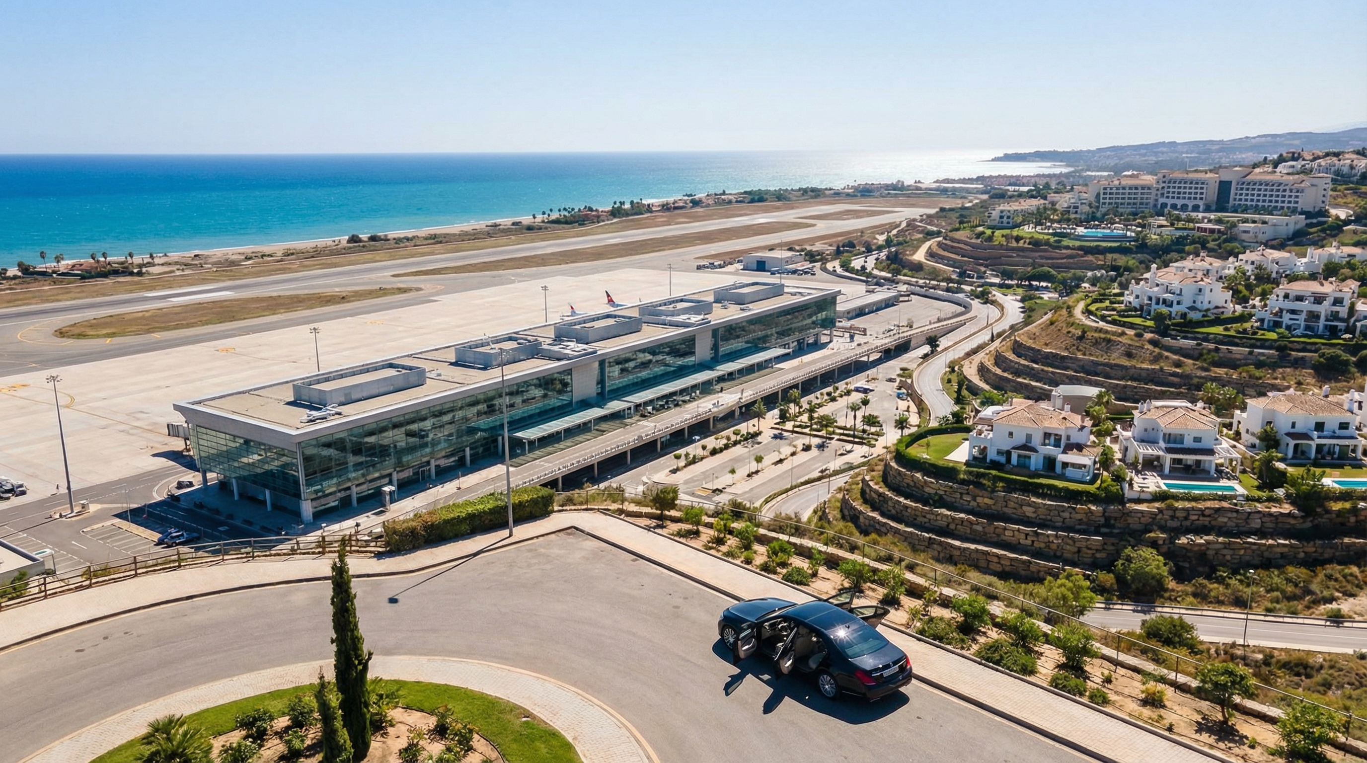 Luchtfoto van Málaga luchthaven met moderne architectuur, uitgestrekte landingsbaan en de prachtige Costa del Sol op de achtergrond.