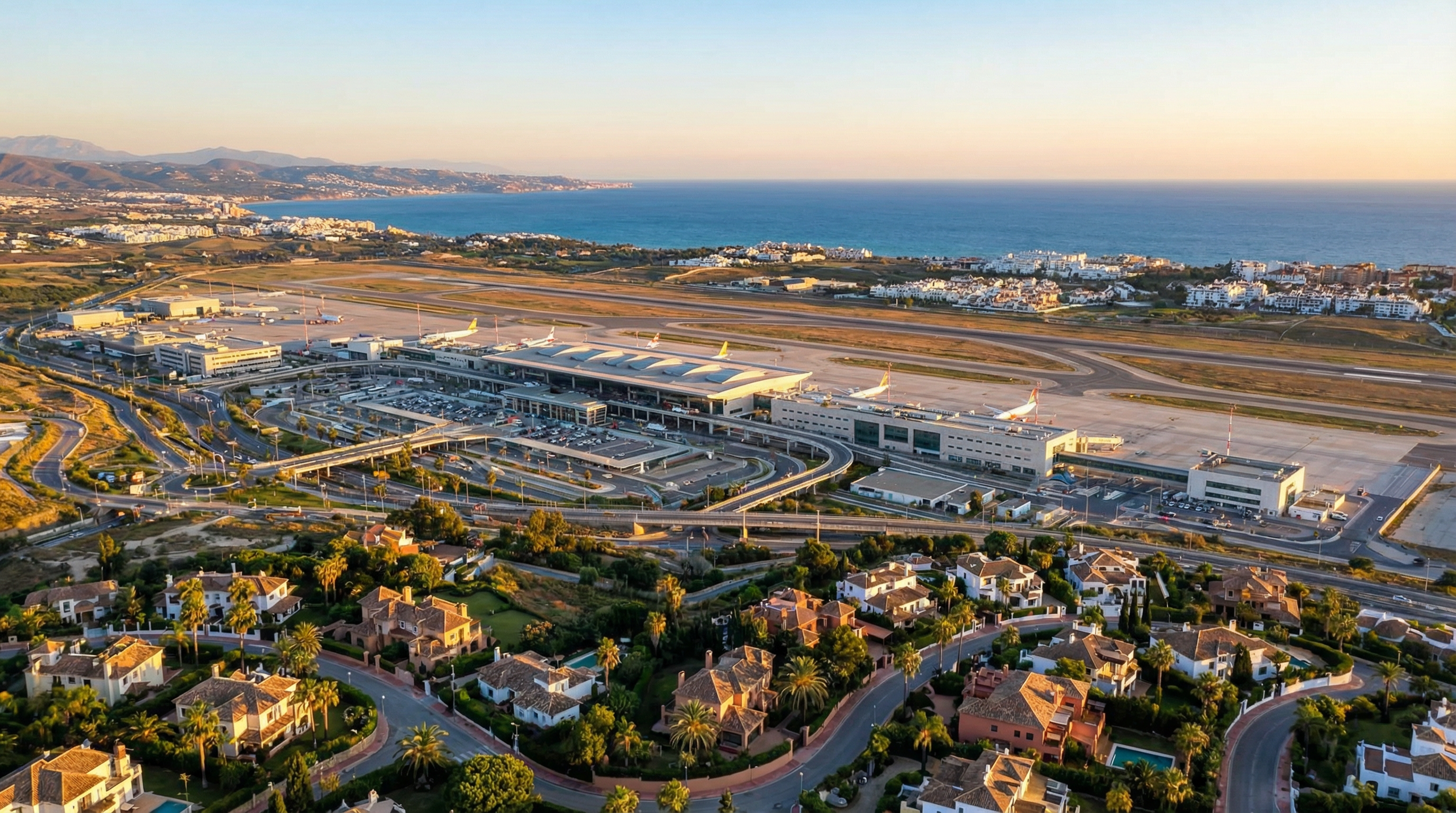 Luftfoto av Málaga lufthavn med moderne arkitektur og rullebaner, omgitt av Costa del Sols vakre kystlinje i gyllen time.