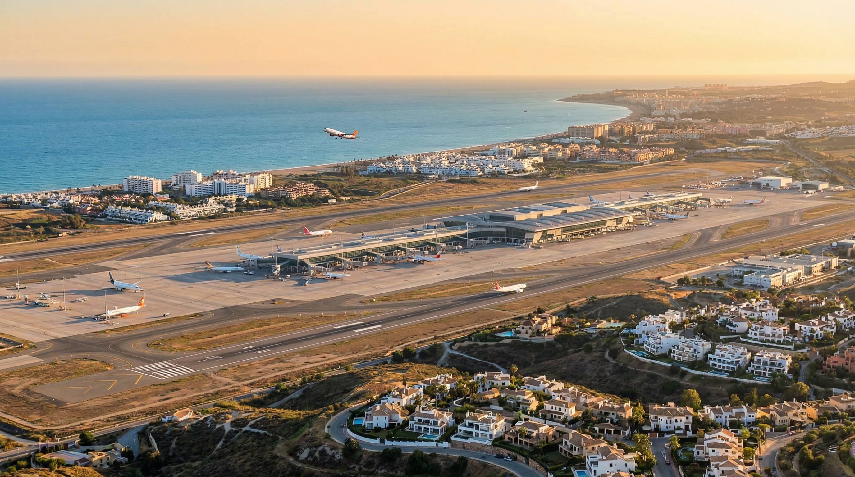 Luftfoto af Málaga Lufthavn med moderne arkitektur og landingsbaner, omgivet af Costa del Sols smukke middelhavsnatur, og nær Torremolinos og Marbella.