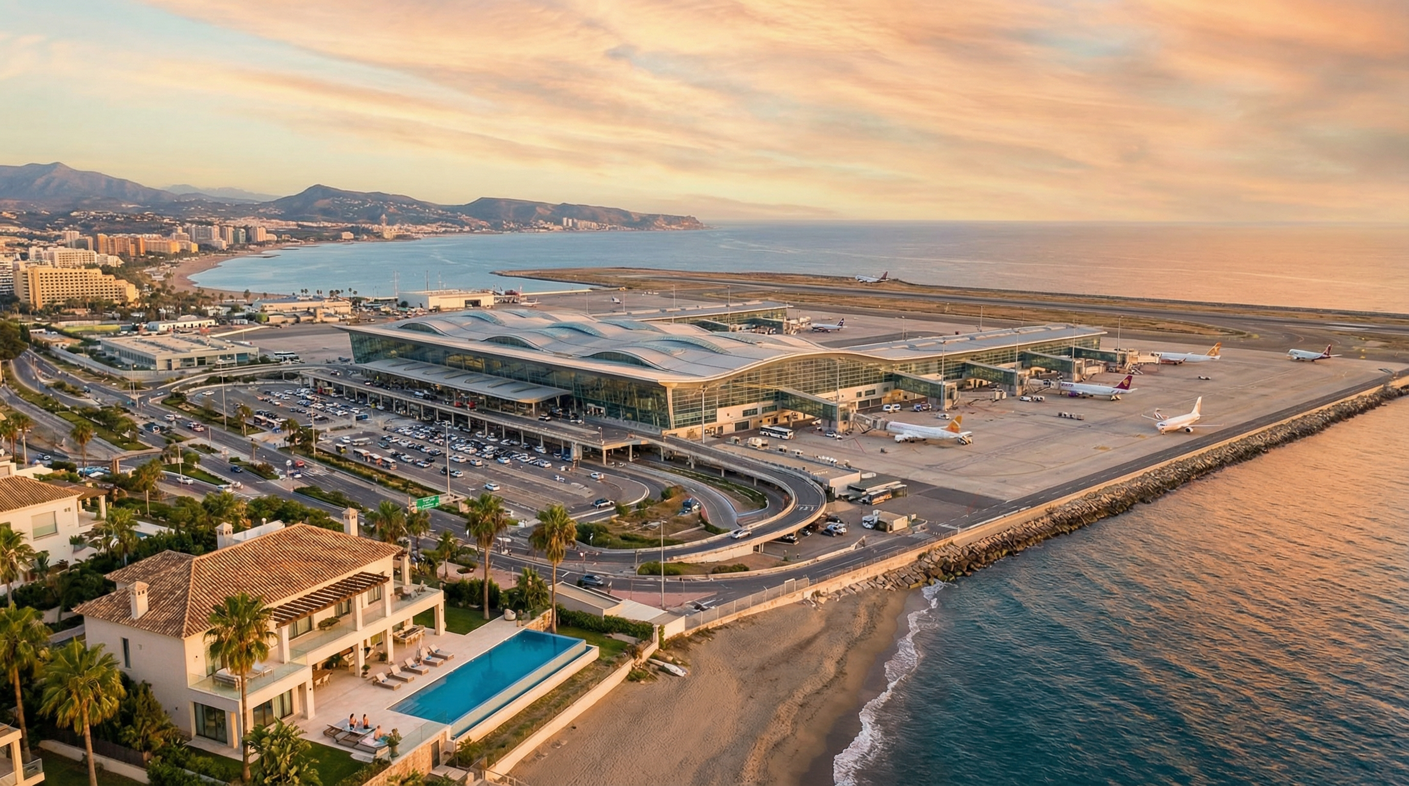 Légifotó a málagai repülőtér felett, a Costa del Sol gyönyörű partvonala és egy luxus tengerparti ingatlan látható a háttérben.